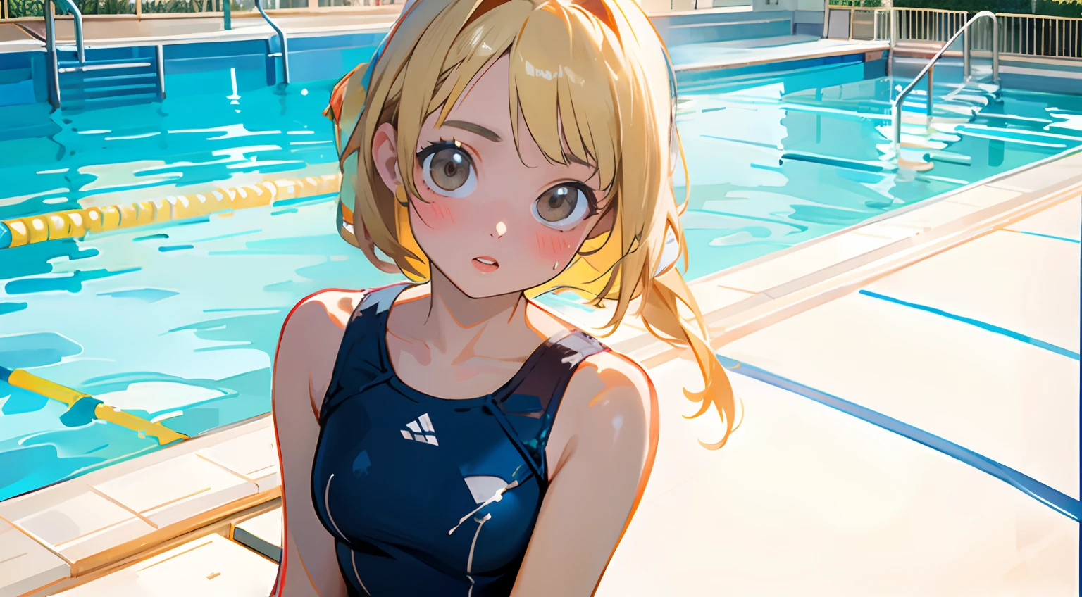 Poolside at an amusement park、Strong sunlight、Waterslide、