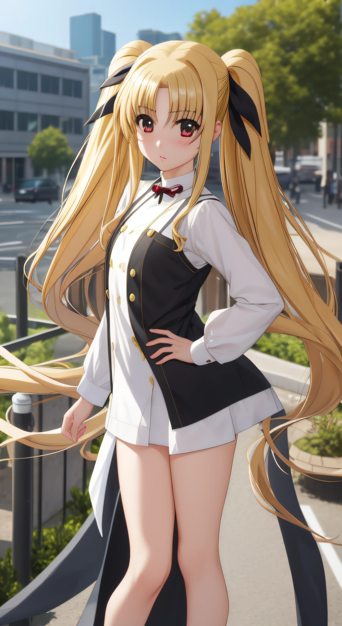 Fate Testarossa、one girls、length hair、Twin-tailed、a black ribbon、
(a closeup:1.2)、looking at the viewers、Embarrassing、red blush,
plein air、A city scape、 (masutepiece:1.2), Best Quality, High resolution, Unity 8k壁纸, (Illustration:0.8),extra detailed face, Perfect Lighting, extremely details CG, (Perfect hands, Perfect Anatomy)、Poses in motion、