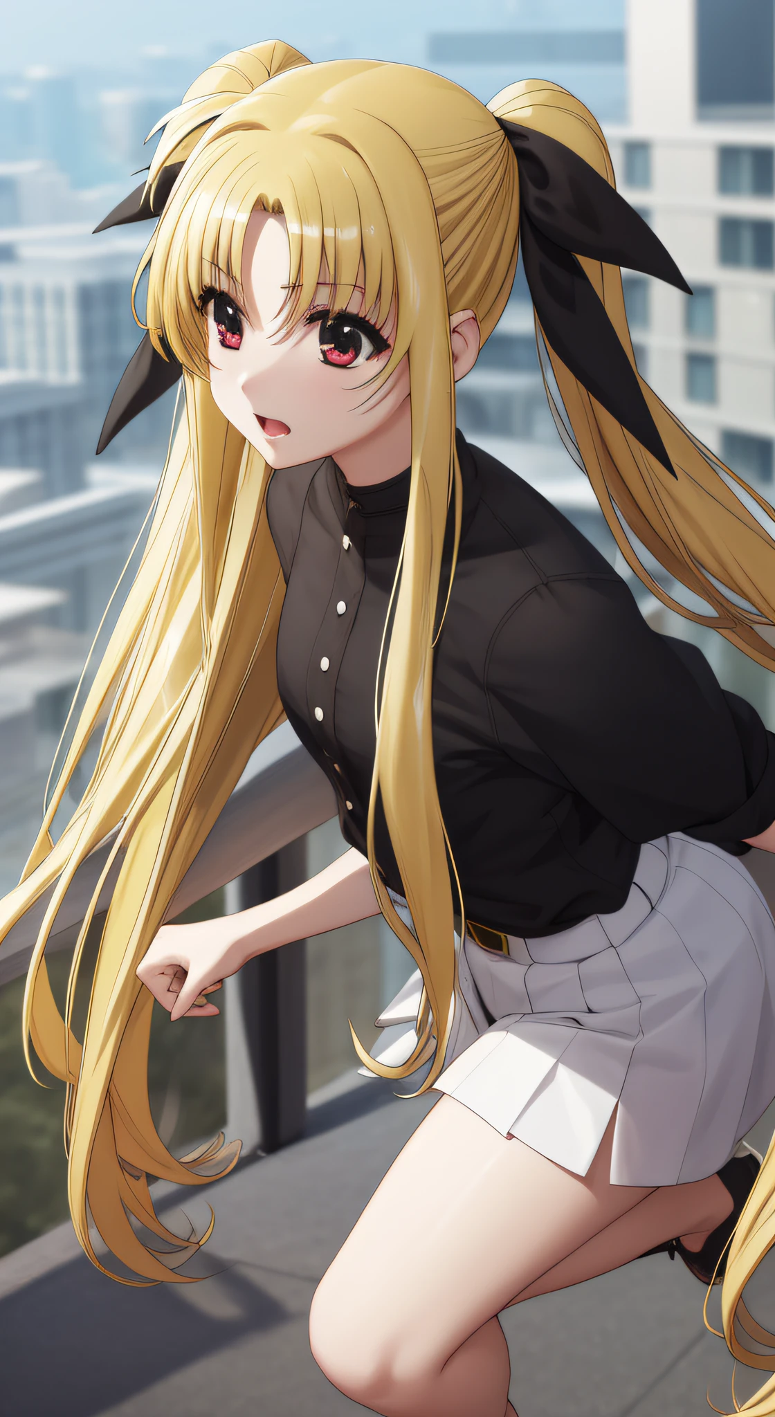 Fate Testarossa、one girls、length hair、Twin-tailed、a black ribbon、
(a closeup:1.2)、looking at the viewers、Mouth open、
plein air、A city scape、 (masutepiece:1.2), Best Quality, High resolution, Unity 8k壁纸, (Illustration:0.8),extra detailed face, Perfect Lighting, extremely details CG, (Perfect hands, Perfect Anatomy)、Poses in motion、