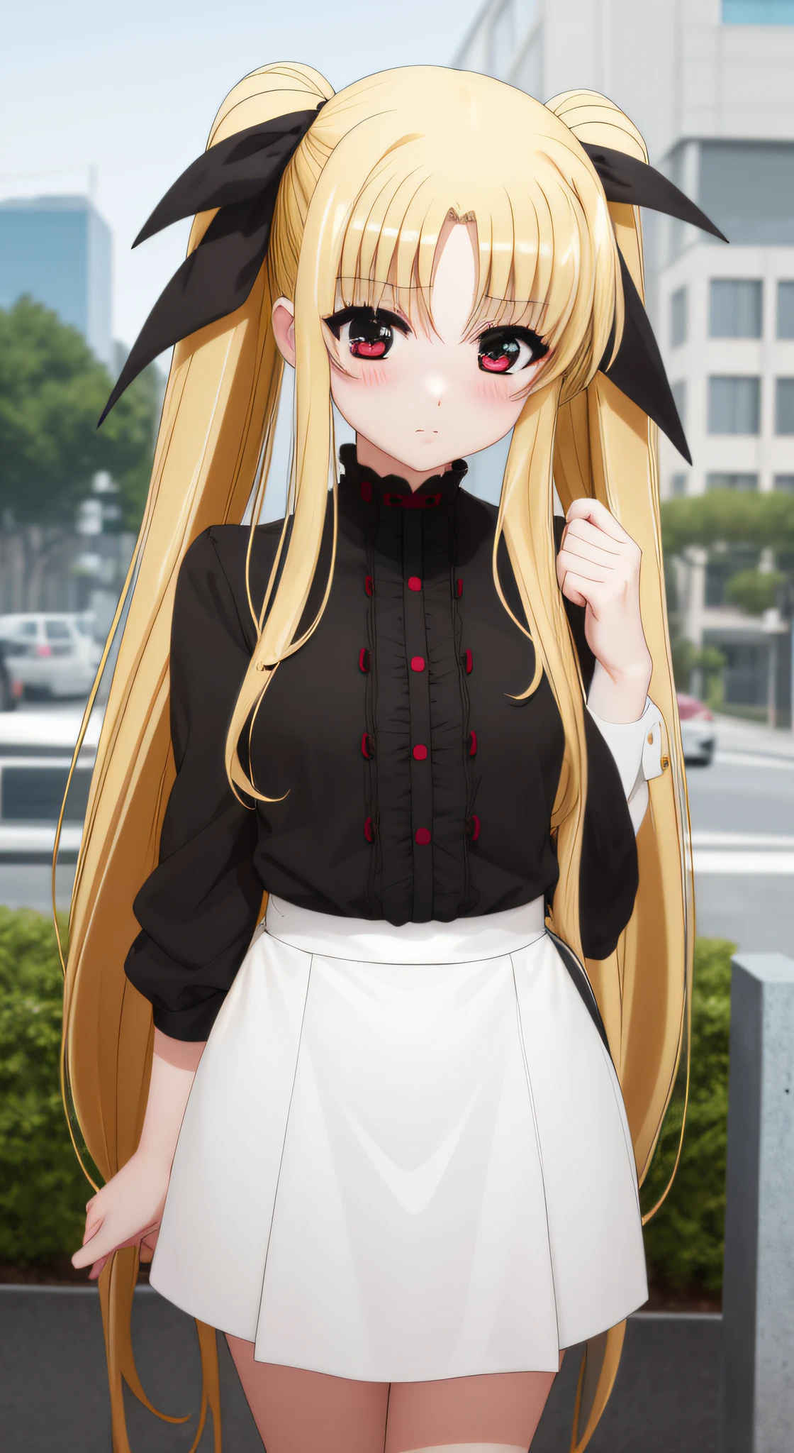 Fate Testarossa、one girls、length hair、Twin-tailed、a black ribbon、
(a closeup:1.2)、looking at the viewers、red blush、embarrassed from、
plein air、A city scape、 (masutepiece:1.2), Best Quality, High resolution, Unity 8k壁纸, (Illustration:0.8),extra detailed face, Perfect Lighting, extremely details CG, (Perfect hands, Perfect Anatomy)、Poses in motion、