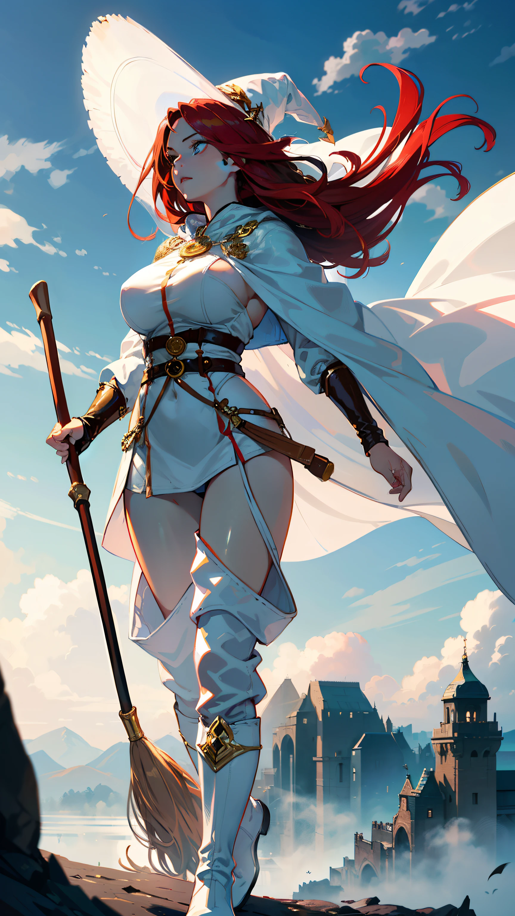 female warrior, long red hair, blue eyes, dynamic pose, wearing Victorian-era armor, ((background: a sky full of clouds))