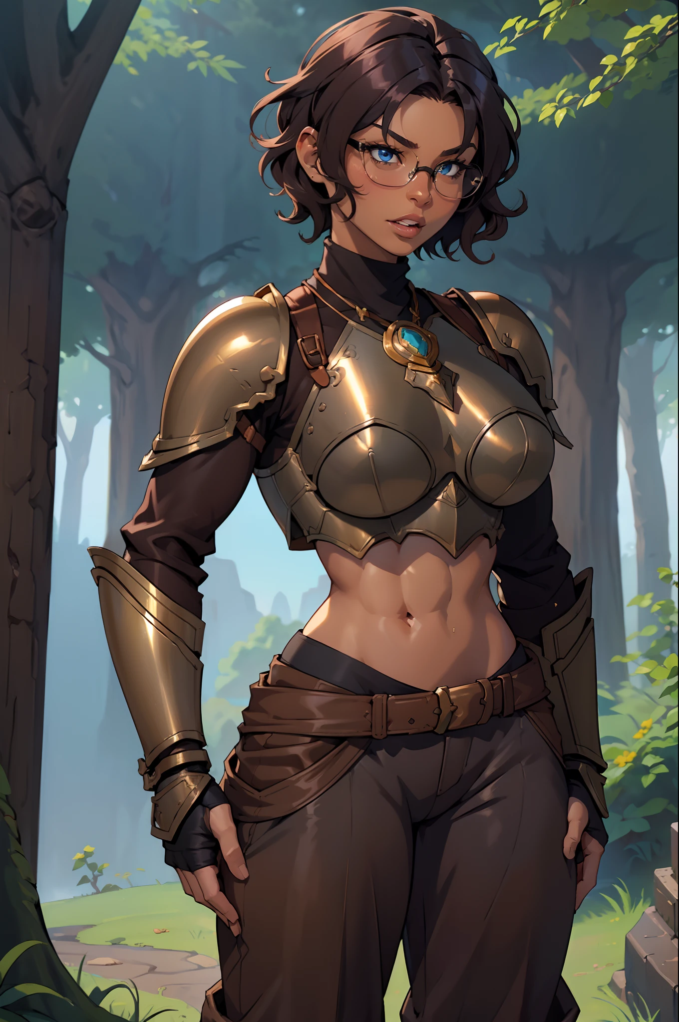 Solo, female, black turtleneck tunic, fantasy outfit, forest, ((short hair)), short plum colored hair, wavy hair, messy hair, ((dark tan skin)), glasses, (cropped chocolate tunic), athletic, slightmuscle, slightly muscular, ((baggy pants)), smirking slightly, bright blue eyes, cleavage, abs, cat tail, cat ears, thick lips, big lips, open mouth, (((silver armor))), knight, big breasts
