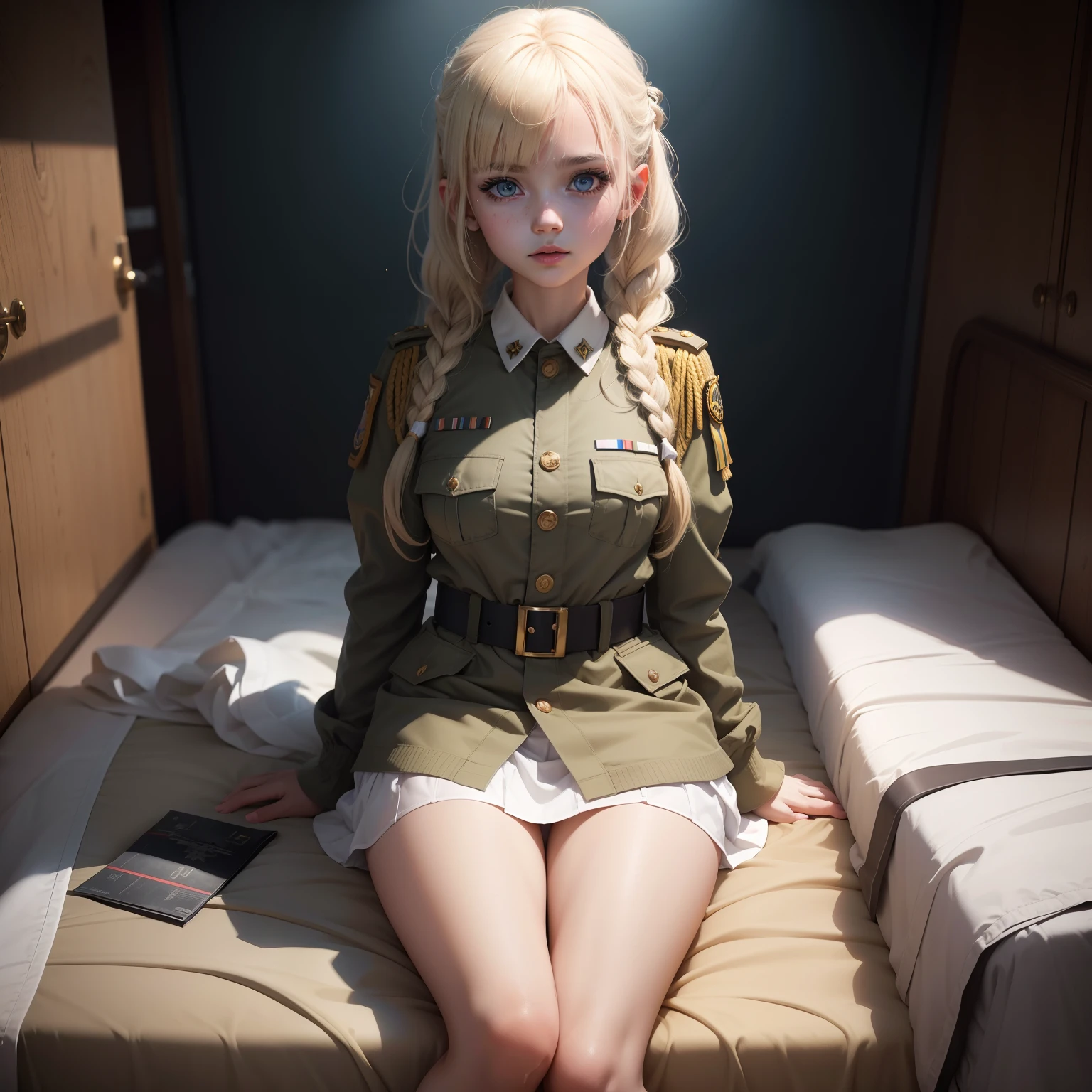 1 girl, blonde hair, uniform, sitting on the toilet, perfect eyes, ultra high definition, movie angle, professional lighting, best quality, masterpiece, side light, sharp, perfect focus, (photorealistic), (beautiful eyes with fine details:1.3), real, (3D face:1.1), (ultra high resolution complex face detail), ultra high resolution cloth texture, 8k eye details,