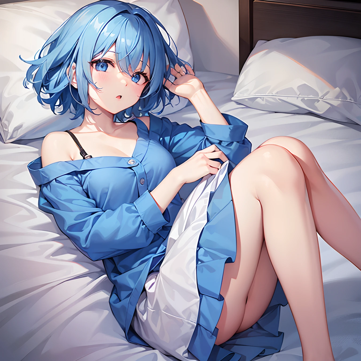 one girls、short-hair、pale blue hair、blue eyess、s Pajamas、yawns、hightquality、best qualtiy、a bed、Emphasis on the chest、Emphasis on the thighs