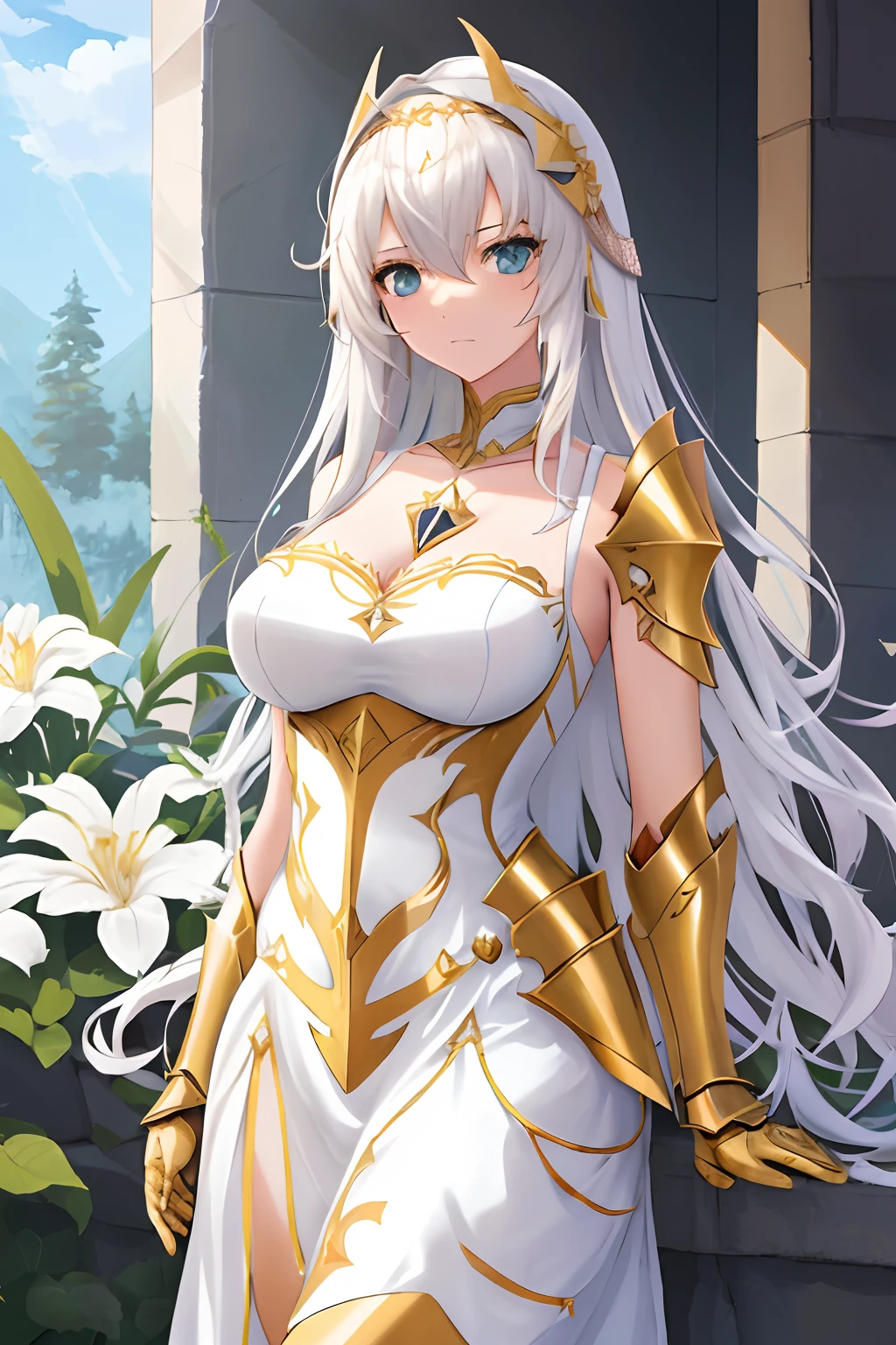 Personaje de anime vestido con armadura que sostiene una espada y un escudo, gorgeous female paladin, Pesada armadura blanca y dorada, Cushart Krenz Key Art Femenino, female paladin, Chica armadura, inspirado por Li Chevalier, portrait of female paladin, Intrincada armadura blanca y dorada, Vestido con armadura ligera, Caballero femenino, de una hermosa caballero femenina, hermosa armadura