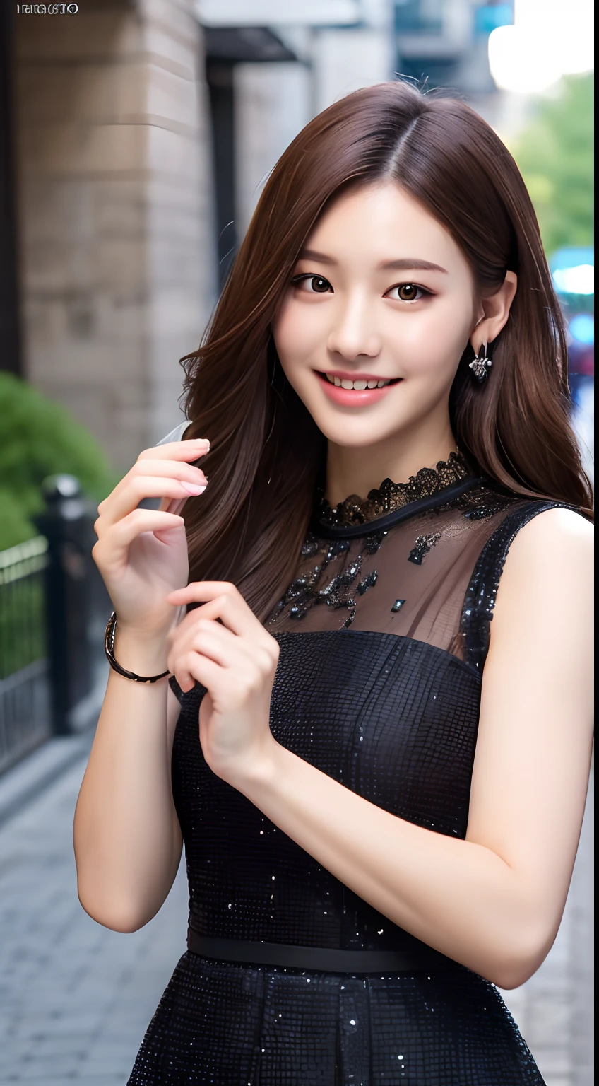 ((Best quality, 8k, Masterpiece :1.3)), 1girl, smiling, full body, slim face, Pretty woman, (Dark brown hair), full length dress :1.1, Ultra-detailed face, Detailed eyes, Double eyelid, blur background, slim face, city, outside, street,