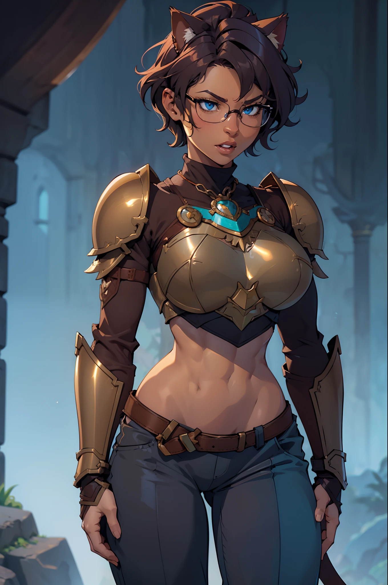Solo, female, black turtleneck tunic, fantasy outfit, forest, ((short hair)), short plum colored hair, wavy hair, messy hair, ((dark tan skin)), glasses, (cropped chocolate tunic), athletic, slightmuscle, slightly muscular, ((baggy pants)), smirking slightly, ((bright blue eyes, cat tail, cat ears)), thick lips, big lips, open mouth, (((bronze chestpiece, bronze armor))), knight, big breasts