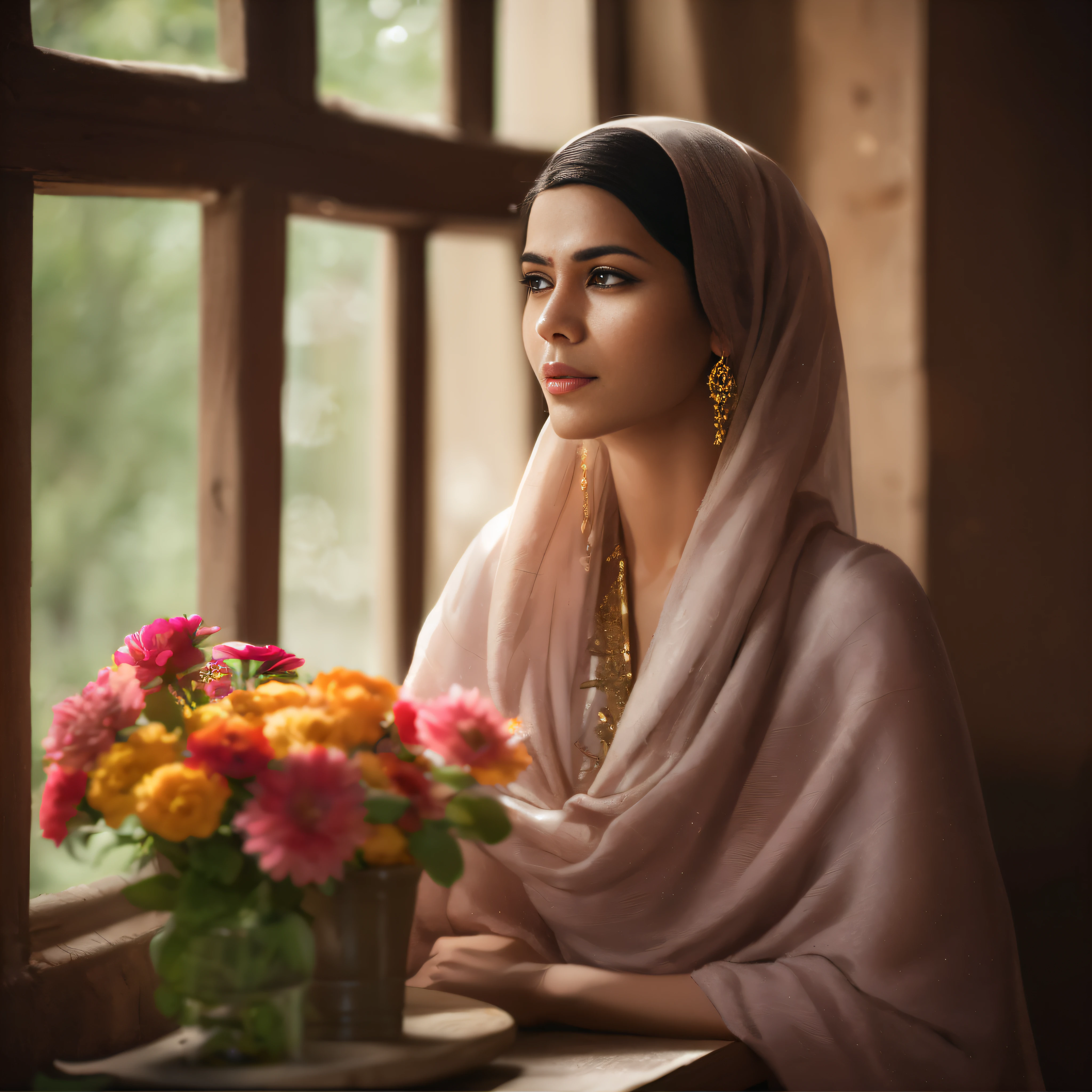 Capture a high-resolution photo realistic image of a Indian woman with a pastel-colored headscarf covering entire face, seated near a wooden table with a vase of multi-colored flowers, set against a rustic wall , a window with volumetric light, perfect eyes and fingers, Qiu Fang, and Spring minimalist photo techniques, with unsaturated colors, Skeb.jp anamorphic bokeh, and gypsophila, to create a polished look, by Junpei Satoh, with full width and simplicity.