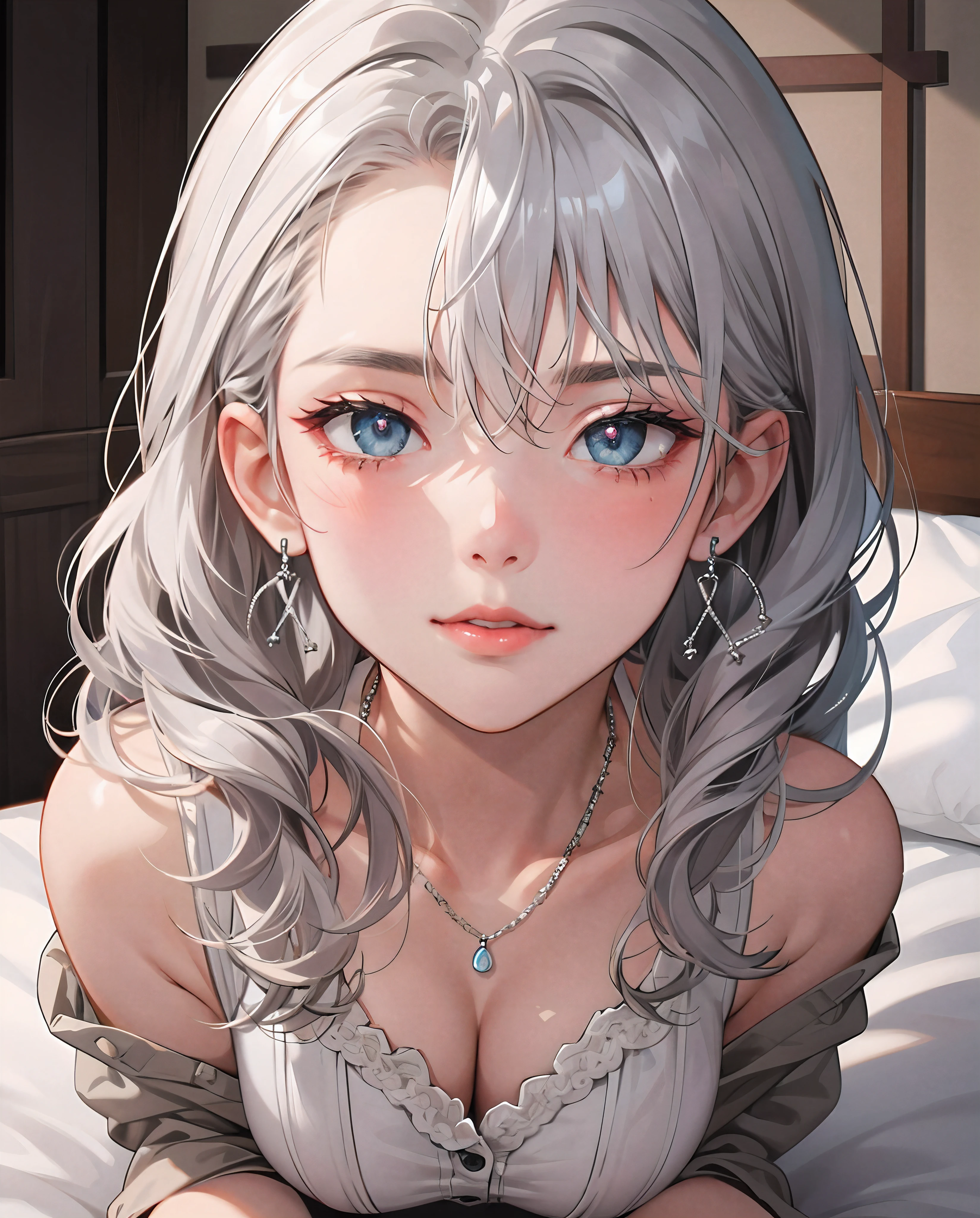 anime (masutepiece: 1.3), (max resolution: 1.2), (Ultra HDTV: 1.2), cinematric light, (8K resolution), Detailed eyes and skin, detailed facial features, , (Sharp Focus: 1.2), (Focus on Face:1.2),Perfect Style, Beautiful face, acurate, Anatomically correct, extra detailed face,high detailed skin texture, Detailed eyes, Double eyelids, Thin eyebrows, Natural cheeks, Glossy skin, Fair skin: 1.2, (Glossy lips: 1.4),、 (Shy look: 1.2),Highly detailed facial and skin texture, Detailed eyes, Double eyelids, Natural cheeks, , shiny lips: 1.4,Exposed cleavage、 ((red blush、humiliated、impatience、Frightened、glares、embarrassed from、Open knees、open one's legs、Masturbation behavior、masturbation、rubbing the genitals with fingers,,,,,,,,,,,,,,、 、nudde、Shiny little earrings and necklaces、sexual excitement))、 25 years old, Neat and clean woman 、Wavy Hair、 Big, upturned breasts, chies、Silver hair,laying on the bed