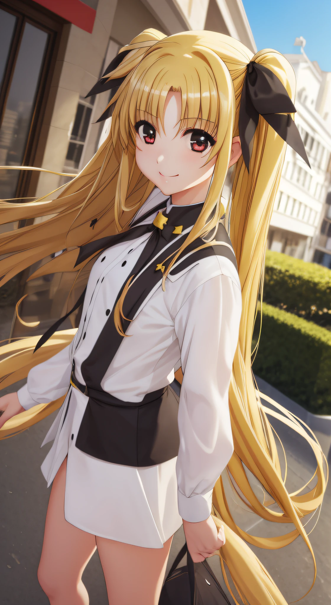 Fate Testarossa、one girls、length hair、Twin-tailed、a black ribbon、A smile、
(a closeup:1.2)、looking at the viewers、Two legs、
plein air、A city scape、 (masutepiece:1.2), Best Quality, High resolution, Unity 8k壁纸, (Illustration:0.8),extra detailed face, Perfect Lighting, extremely details CG, (Perfect hands, Perfect Anatomy)、Poses in motion、