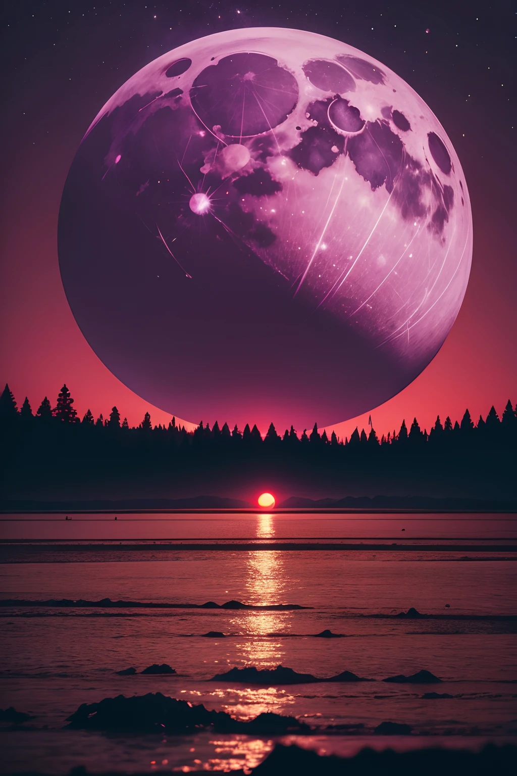 red sky with bright purple moon