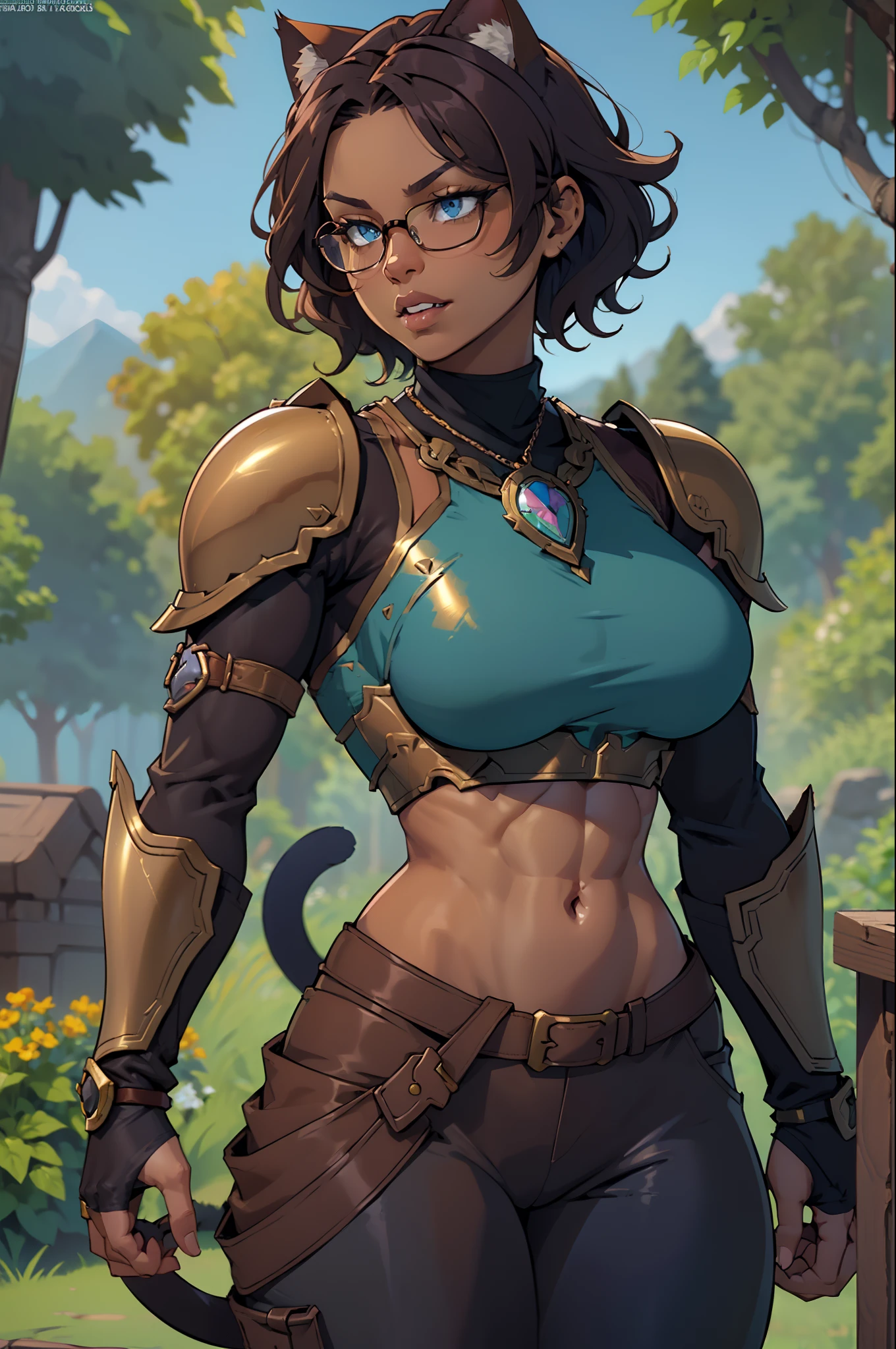 Solo, female, black turtleneck tunic, fantasy outfit, forest, ((short hair)), short plum colored hair, wavy hair, messy hair, ((dark tan skin)), glasses, (cropped chocolate tunic), ((athletic, slightmuscle, slightly muscular)), ((baggy pants)), smirking slightly, ((bright blue eyes, cat tail, cat ears)), thick lips, big lips, open mouth, (((bronze chestpiece, bronze armor))), knight, big breasts