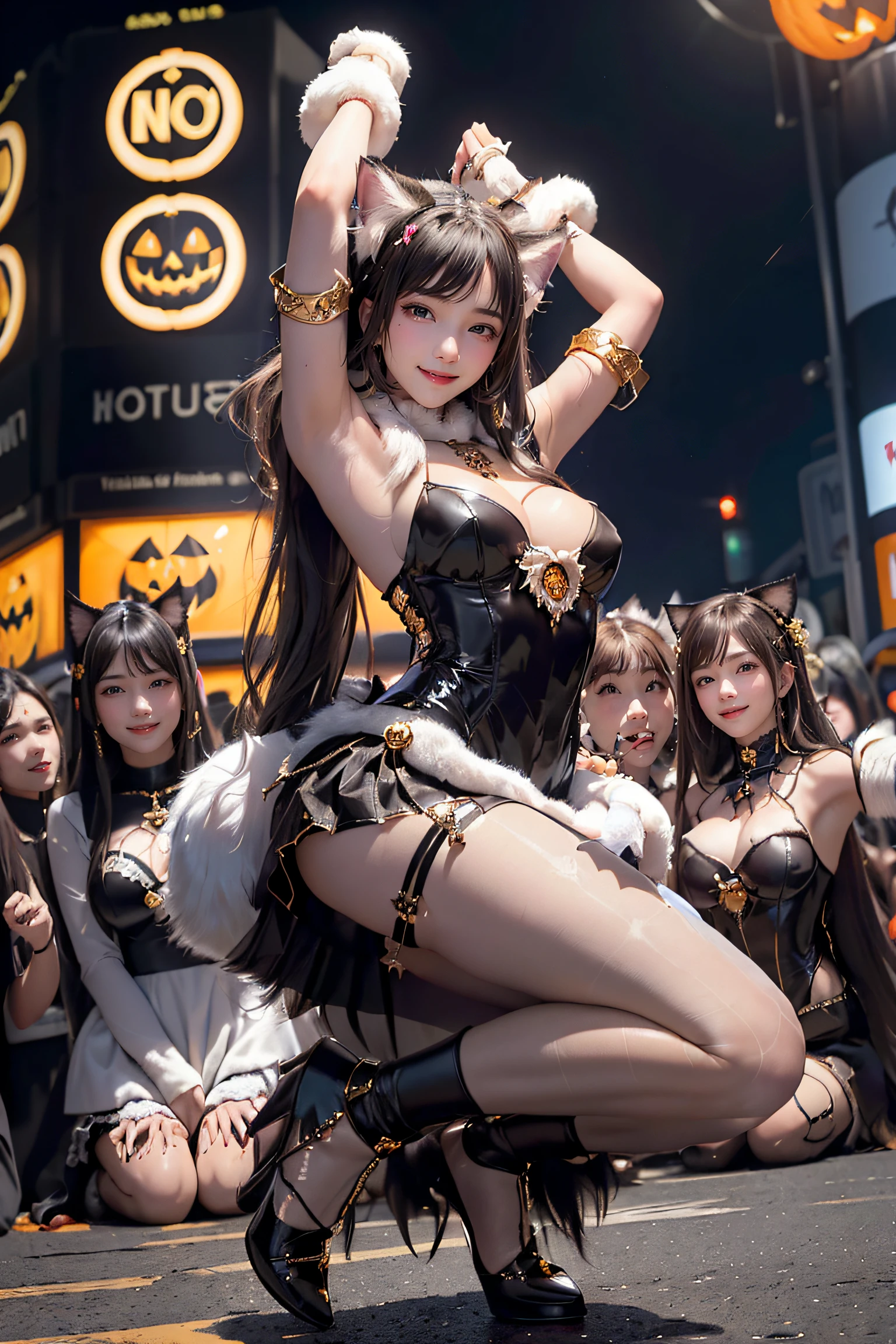 masterpiece, top-quality, top-quality, Beautifully Aesthetic:1.2, ((1girl)), Halloween night, ((Wearing a high-quality costume of fur of cat, gloves of cat, cat paw-shaped shoes, fur miniskirt):1.2), (Silver pin heels:1.1), high detailed, (Dancing with arms up:1.3), large breasts, firm breast, nicely shaped breasts, slender figure,
((Dark Brown Hair)), wavy hair, (medium long hair:1.2),
((in the middle of very crowded Shibuya's scramble crossing at late night:1.2)), ((Surrounded by many people wearing Halloween costumes:1.2)), (Full body shot:1.1), (From below),