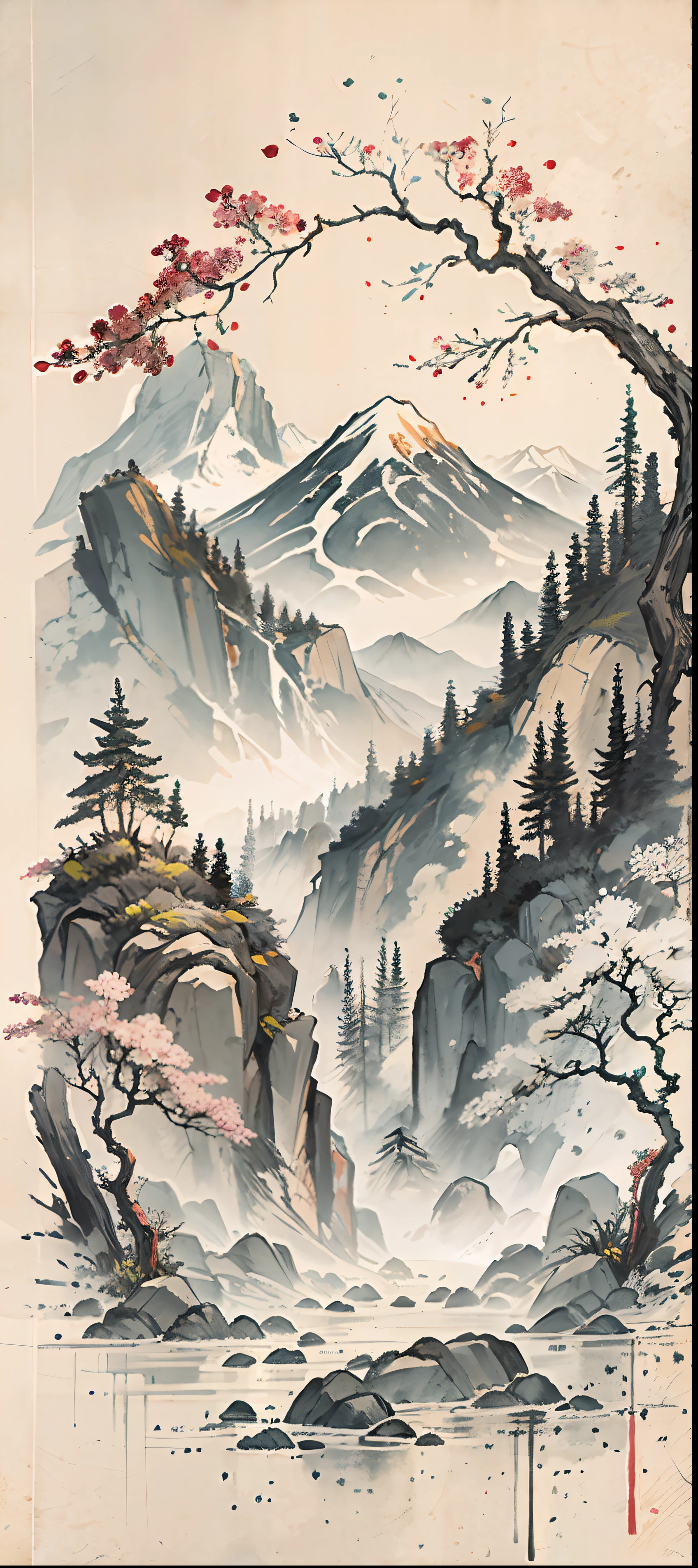 (Masterpiece, best quality: 1.2), (No_Humans), mountains in the distance, traditional Chinese ink painting, houses, tombstones, meadows