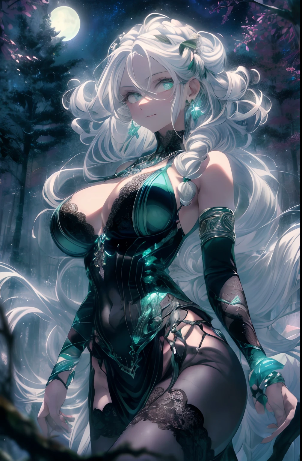 ((( WHITE HAIR, MINT CURLS, [PERFECT REALISTIC EYES]))), ((( HOLDING A BRAID IN HIS HANDS,))) ultra realistic 8k CG, perfect face, flawless, clean, masterpiece, professional work of art, famous art, cinematic lighting, cinematic flower, perfect face, beautiful face, beautiful eyes, ((((perfect female body, narrow waist))), GOCHIC, real, SINISTER, BLACK HOOD, WIDE SMILE, (DARK SETTING), fantasy, MACABRO, unreal,  science fiction, (huge breasts), BLACK clothing, lace, lace trim, lace socks, nsfw, chest out, absurdly long hair, very long hair, (saturated: 1.4), SKULLS AROUND, intricate detail, delicate pattern, sexy, charming, seductive, seductive, erotic, charming, hair ornament, necklace, earrings, bracelet, armband, looking at the viewer, in the forest, willow trees, river, galaxy, starry multicolored sky, 3 moons,  witch, mysticism, magic, invisible powers