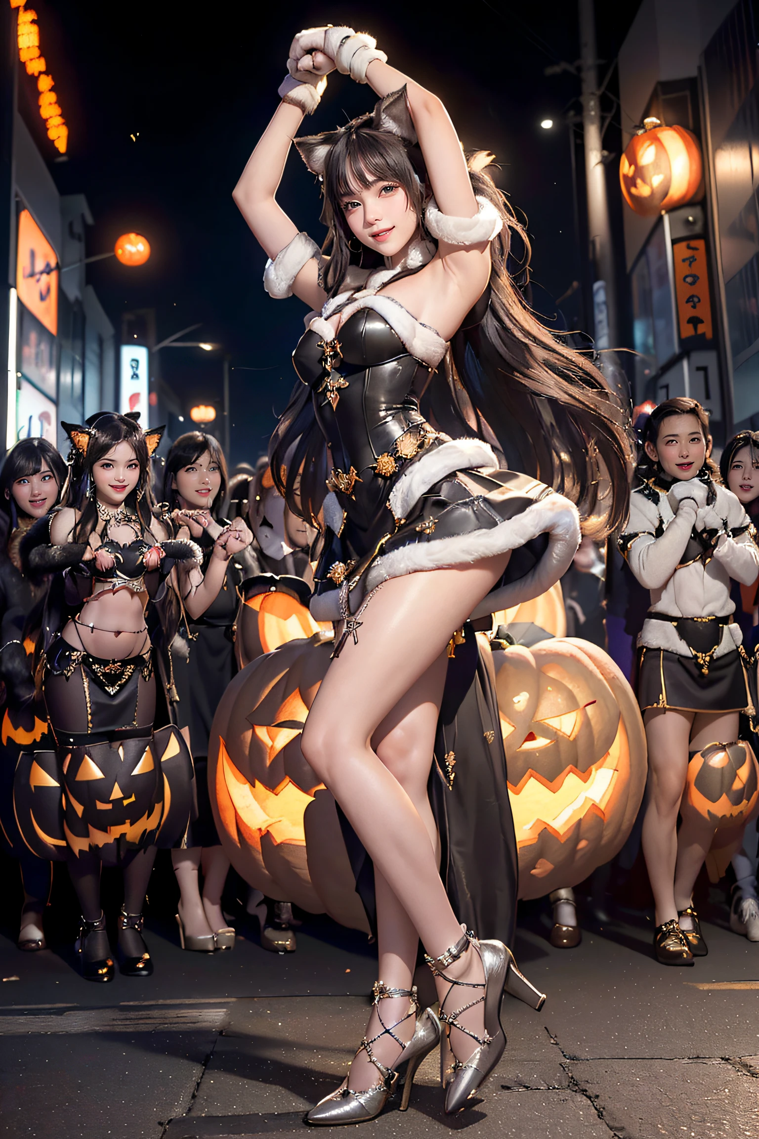 masterpiece, top-quality, top-quality, Beautifully Aesthetic:1.2, ((1girl)), Halloween night, ((Wearing a high-quality costume of fur of cat, gloves of cat, cat paw-shaped shoes, fur miniskirt):1.2), (Silver pin heels:1.1), high detailed, (Dancing with arms up:1.3), large breasts, firm breast, nicely shaped breasts, slender figure,
((Dark Brown Hair)), wavy hair, (medium long hair:1.2),
((in the middle of very crowded Shibuya's scramble crossing at late night:1.2)), ((Surrounded by many people wearing Halloween costumes:1.2)), (Full body shot:1.1), (From below),