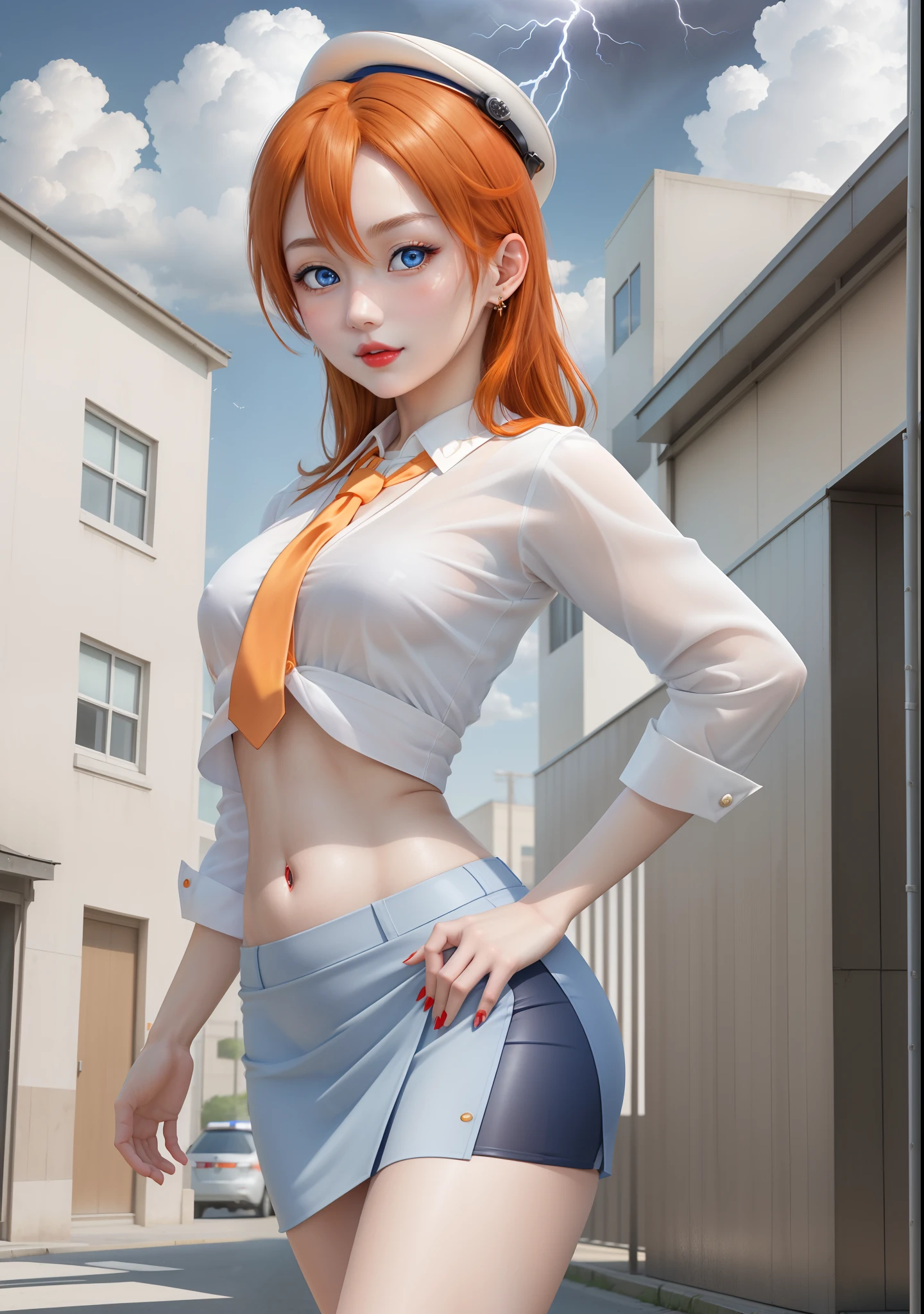 Masterpiece, best quality, (detailed face), realistic art, kousaka honoka, blue eyes, orange hair, flying hair,(smile:0.7) ,white shirt,half sleeves,earrings, dynamic pose, perfect lightning, low-leg pencil skirt, midriff, necktie,ahoge , walking,hands on hip,(sexy oval navel) , police cap,in street,looking at viewer, cowboy shot,(skin tight:1.2),red lips