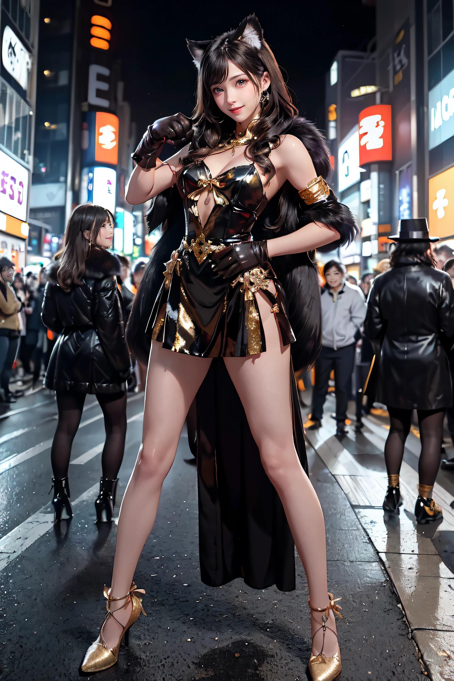 masterpiece, top-quality, top-quality, Beautifully Aesthetic:1.2, ((1girl)), Halloween night, ((Wearing a high-quality Black and Red with Gold costume of fur of cat, gloves of cat, cat paw-shaped shoes, fur miniskirt):1.2), (Silver pin heels:1.1), high detailed, (Standing with paw pose:1.3), large breasts, firm breast, nicely shaped breasts, slender figure, 
((Dark Brown Hair)), wavy hair, (medium long hair:1.2), 
((in the middle of very crowded Shibuya's scramble crossing at late night:1.2)), ((Surrounded by many people wearing Halloween costumes:1.2)), (Full body shot:1.1), (From below:1.3),