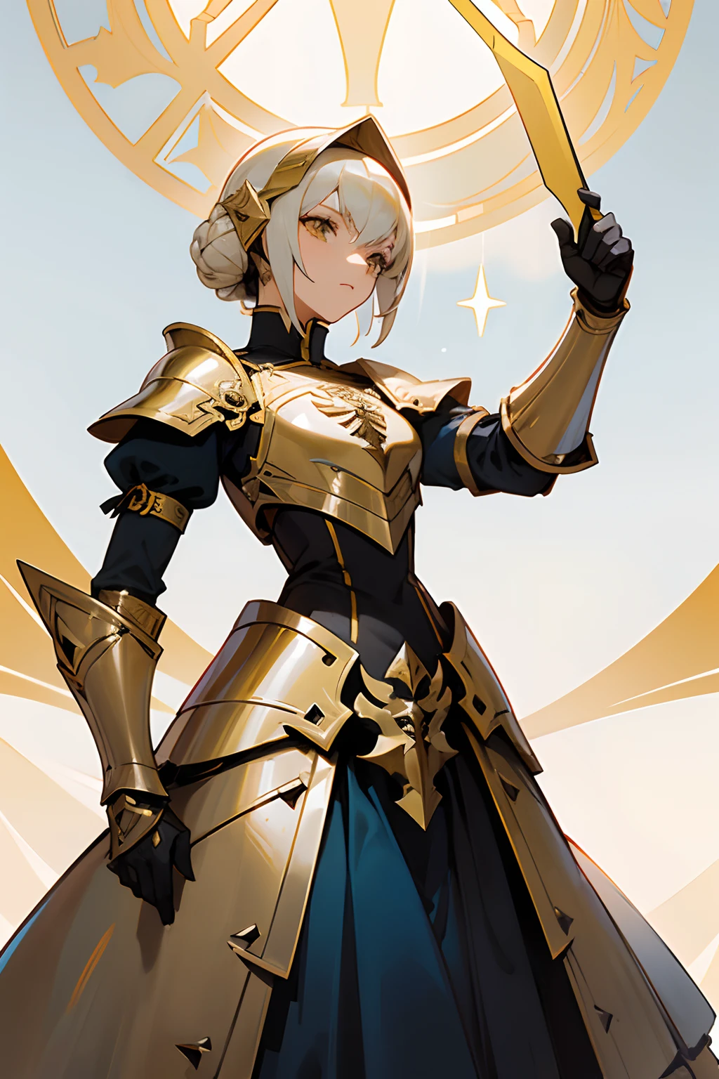 Personaje de anime vestido con armadura que sostiene una espada y un escudo, gorgeous female paladin, Pesada armadura blanca y dorada, Cushart Krenz Key Art Femenino, female paladin, Chica armadura, portrait of female paladin, Intrincada armadura blanca y dorada, Vestido con armadura ligera, Caballero femenino, de una hermosa caballero femenina, hermosa armadura