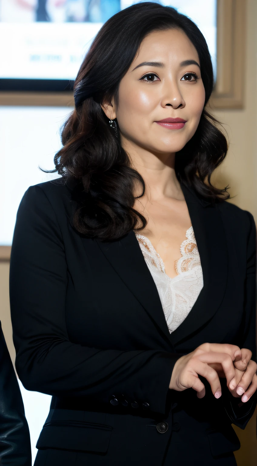 ((Best quality, 8K, Masterpiece, Portrait: 1.3)), (View viewers), Photorealism, Sharp focus, Solo, The Moro Islamic Liberation Front of Japan, Beauty,Wavy hair, ((Big breasts:1.3)),30 years old, curlies,(suit, Black jacket, black necktie, Black pants, , standing on your feet:1.2)((looking at viewert))