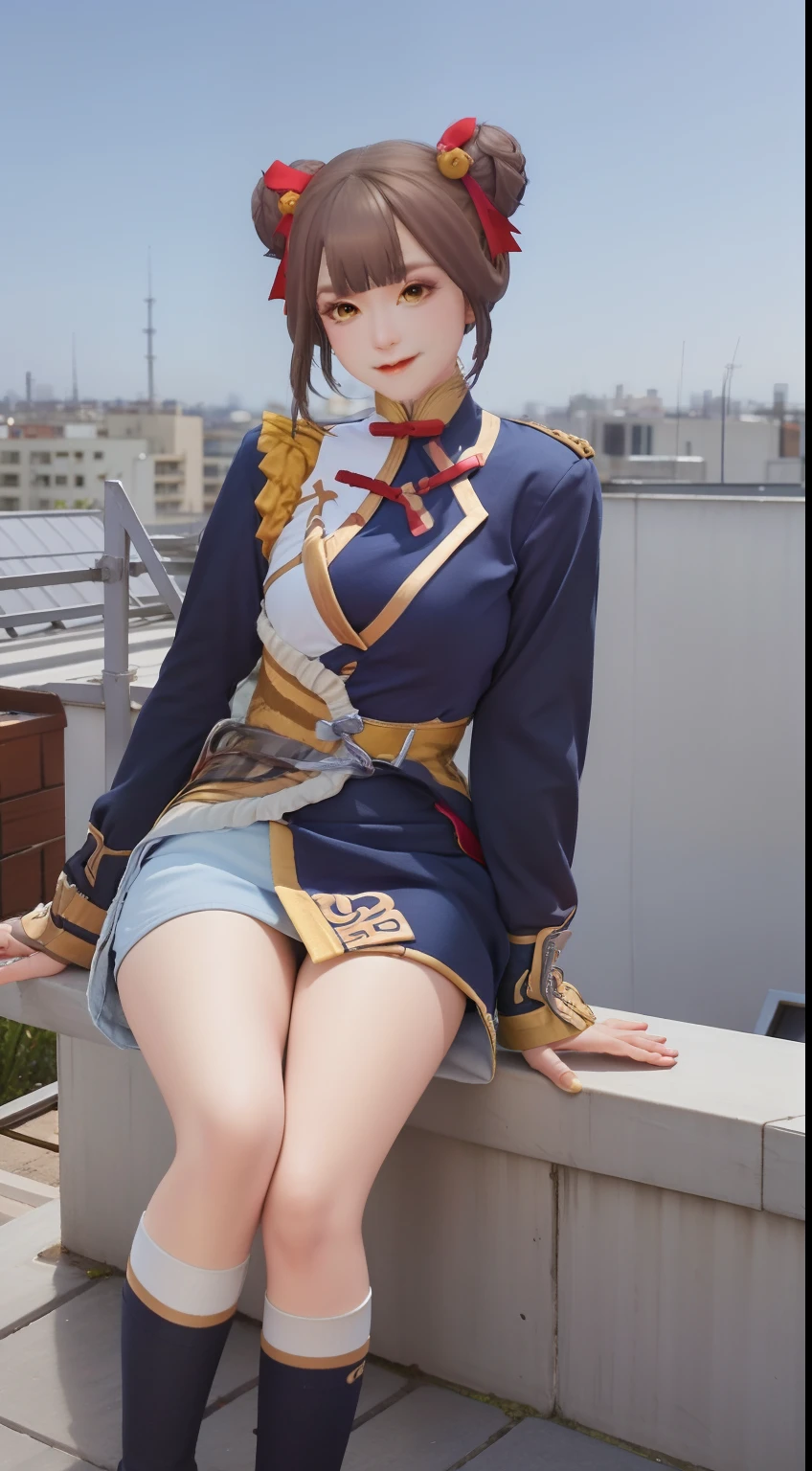 outdoor shooting　Person Portrait　４ｋImage Quality PC Screen Size　Kasumi Arimori sits on a rooftop in sunny weather in a checked miniskirt dark blue blazer high school uniform　Embarrassing that looked　Hand and foot corrections　Smile correction