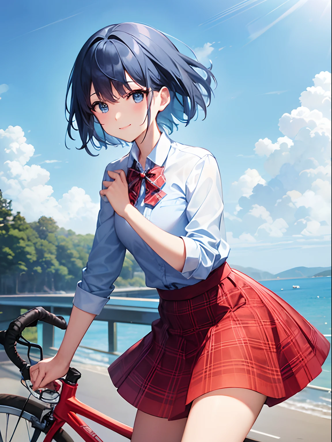rides a bike、Drive a bike、one girls、Photograph the whole body、short-hair、pale blue hair、blue eyess、blazers、(Plain white shirt)、(red bowtie)、(Red plaid skirt)、Black stockings、A smile、red tide、hightquality、best qualtiy、Blowing in the wind、
