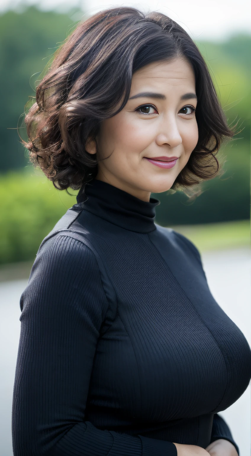 ((highest quality, 8k, masterpiece, Portraiture: 1.3)), (View Audience), Photorealism, Sharp focus, alone, In the parking lot after shopping, beauty,Wavy Hair, Wrinkles around the eyes, For emphasis, ((Big Breasts:1.3))),，50 years old, Carly, Wrinkled eyes, 
