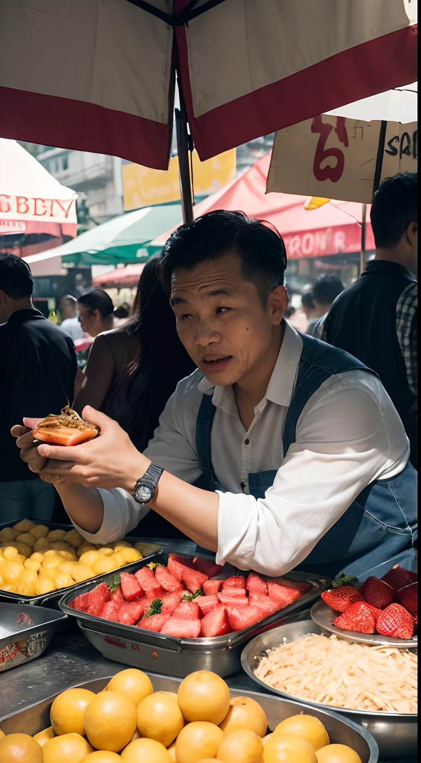 A man enjoying a delicious barbeque in the bustling Divisoria market, surrounded by a vibrant atmosphere. The man is seated at a simple wooden table, engrossed in his meal. The barbeque is perfectly charred, emanating a tantalizing aroma that fills the air. The meat is succulent and juicy, with the perfect combination of smokiness and tenderness. The man's face is lit up with pure delight as he takes each mouthful, savoring the explosion of flavors.
The market itself is a hive of activity, with vendors busily selling a variety of fruits. Colorful stalls line the streets, showcasing an array of fresh and vibrant fruits like ripe mangoes, succulent watermelons, and luscious strawberries. The vendors, wearing vibrant shirts, eagerly engage with customers, enticing them with samples of their delicious offerings. The market is alive with the sounds of bargaining, laughter, and the clinking of coins.
In the background, the sun casts a warm, golden glow over the scene, illuminating the bustling market with its rays. The market is filled with a cacophony of sounds, from the calls of the vendors to the chatter of the people passing by. The atmosphere is electric, brimming with energy and excitement.
This artwork aims to capture the essence of the Divisoria market, showcasing its vibrant and bustling nature. The focus is on the man enjoying his barbeque, highlighting the joyous experience of indulging in delicious street food amidst the hustle and bustle of this popular market. The colors are vivid and eye-catching, reflecting the liveliness of the scene. The lighting is warm and inviting, creating a welcoming ambiance that draws viewers into the artwork.
With its realistic and detailed depiction, this artwork transports the audience to the heart of Divisoria market, allowing them to experience the sights, sounds, and flavors of this bustling marketplace. It evokes a sense of curiosity and wonder, inviting the audience to explore and immerse themselves in the vibrant tape