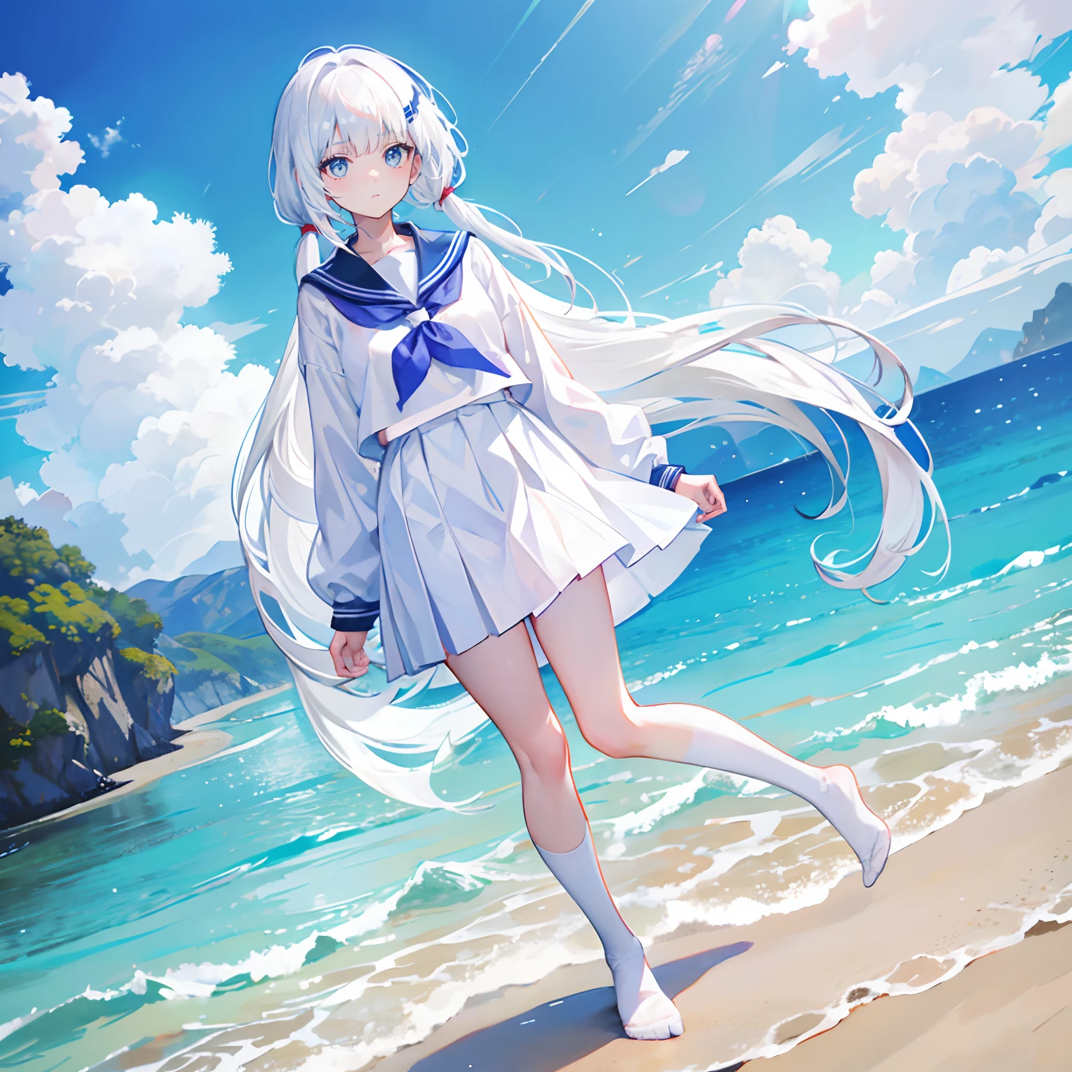 White hair,Tie your hair on one side,By bangs,White eyes,adolable,s girl,JK school uniform,There are no shoes on the feet,,fully body photo,All body,Fingers and arms are not exposed,Blue sky and white clouds on the beach in the background