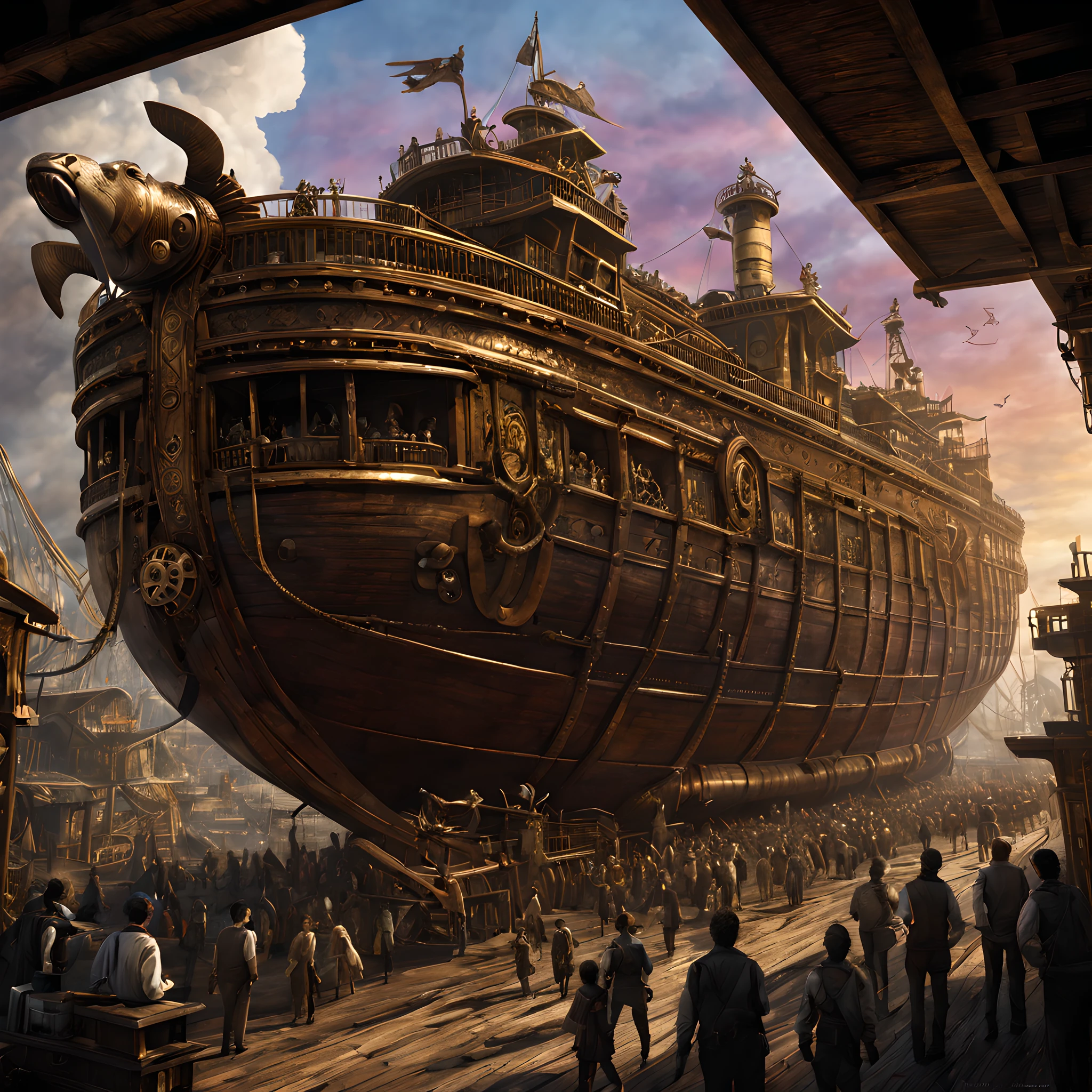 Composition: Create an enchanting and visually captivating scene set in an elaborate steampunk world. The central focus of the image should be on the magnificent Noah's Ark, situated prominently in the foreground. The composition should emphasize the grandeur of the vessel, portraying it as a marvel of intricate design and mechanical wonder. The ark should dominate the frame, instilling a sense of hope, adventure, and curiosity in the viewer.

Noah's Ark: The Ark itself should be a masterpiece of steampunk engineering. Its hull should be a gleaming combination of brass and steel, adorned with elaborate gears, cogs, and rivets. Mechanical extensions and contraptions should extend from its sides, and a colossal steam-powered engine should be visible at the rear. Make sure to convey the Ark's capacity to withstand any tempest and serve as the savior of Earth's diverse species.

Background: Surrounding the Noah's Ark, the steampunk world should come to life with rich and intricate details. In the distance, towering steampunk cityscapes should rise against a dramatic, orange and purple-hued sky. Airships, mechanical creatures, and fantastical vehicles should fill the scene, suggesting a world on the brink of an industrial renaissance. The atmosphere should exude a sense of optimism, as diverse species of animals and beings of all shapes and sizes eagerly board the Ark, symbolizing the hope for a brighter future. The image should be of the highest resolution, allowing for the precise rendering of the Ark, the steampunk world, and the bustling scene of boarding animals and creatures.