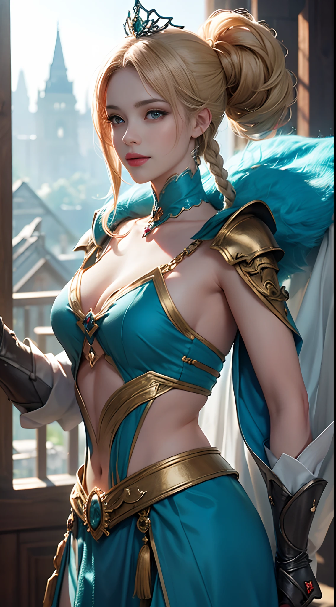 Blonde haired woman with braids, (Armadura nordica decotada dourada). Bright chrome gold armor with sharp reflections. Pedras preciosas. ombros nus. (tiara). Low muscle definition. Pernas lindas. Ombros nus visiveis. Detailed lighting. artistic work. Beleza extrema. Roupa com efeito de gradiente colorido intenso. Professional image with high saturation. Camera profissional. illustration. cores vibrantes. olhos amarelos vibrantes, magra, capa de pelo, olhos dourados brilhantes, simetria, olhar intenso, detalhes pretos nas roupas, aura dourada, castle background, smile, (Random pose), (random angles), (Best quality, A high resolution, Photorealistic, primitive, 8K,Masterpiece, ),Best quality, Masterpiec8K.hdr. High ribs:1.2, filmgrain, Blur bokeh:1.2, Lens flare, (vivd colour:1.2), (Delicate),