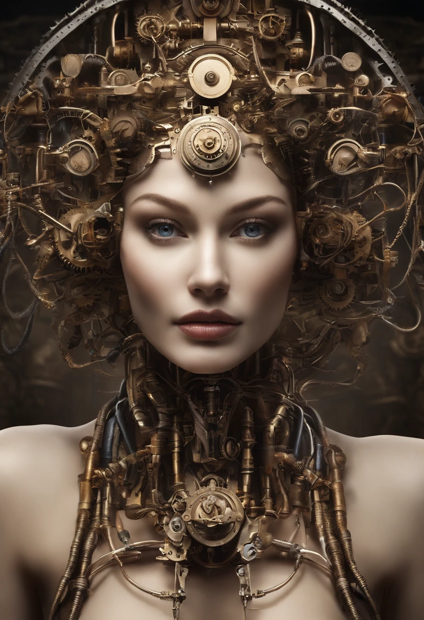 (((Masterpiece))), (((Best quality))), ((Ultra-detailed)), (Highly detailed CG illustration), ((An extremely delicate and beautiful)),(cute delicate face),Cinematic light,((1机械女孩)),Solo,full bodyesbian,(machine made joints:1.4),((Mechanical limb)),(blood vessels attached to the tube),((Mechanical vertebrae attached to the back)),((mechanical cervial attaching to neck)),((Sitting)),Expressionless,(wires and cables attached to head and body:1.5),(Character focus),Science fiction