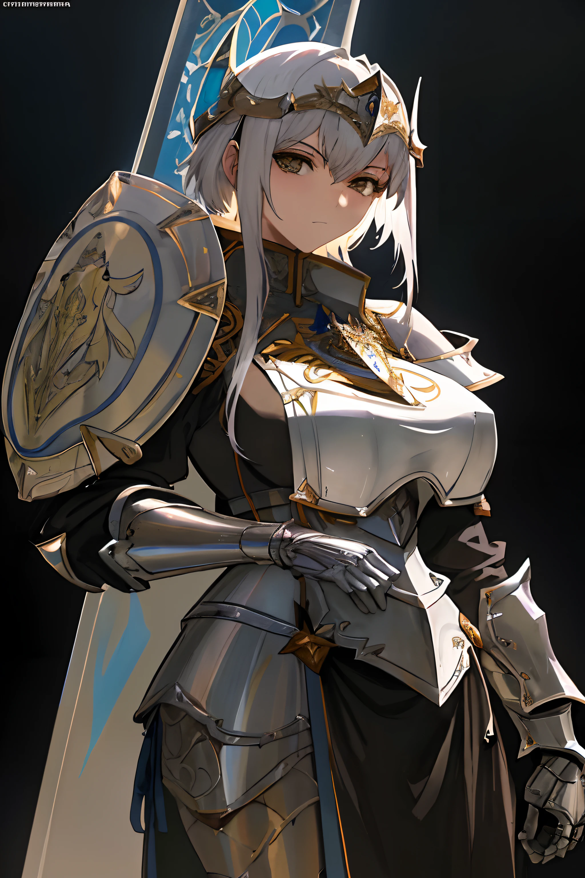 Personaje de anime vestido con armadura que sostiene una espada y un escudo, gorgeous female paladin, Pesada armadura blanca y dorada, Cushart Krenz Key Art Femenino, female paladin, Chica armadura, inspirado por Li Chevalier, portrait of female paladin, Intrincada armadura blanca y dorada, Vestido con armadura ligera, Caballero femenino, de una hermosa caballero femenina, hermosa armadura