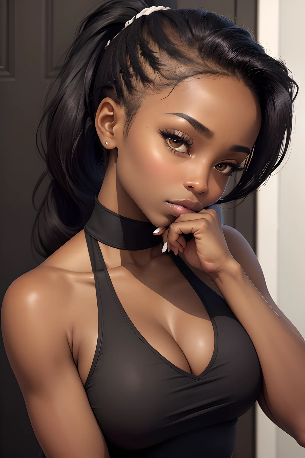 (masterpiece, best quality), (hand under chin), deep ebony 1girl, beautiful face, Kimberly_jackson, freely ponytail, confused, upper body,