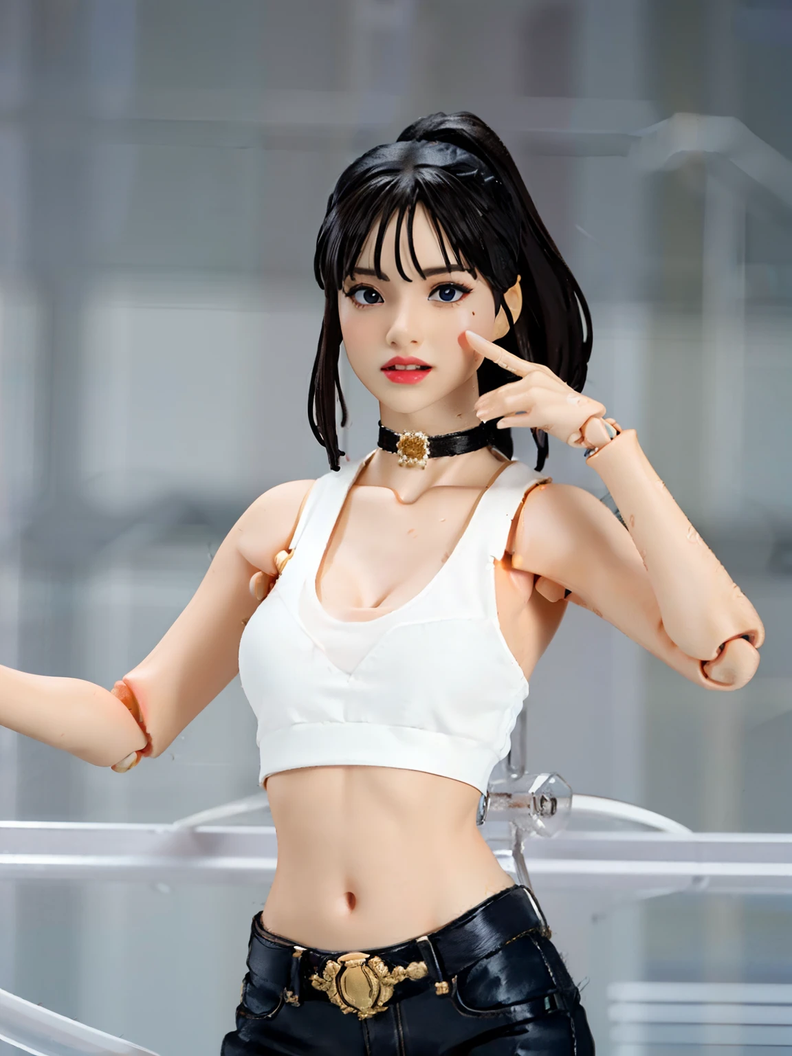 1girl, action figure, Figma, doll, dancing and singing pose, wearing daisy duke, white tanktop, black choker,