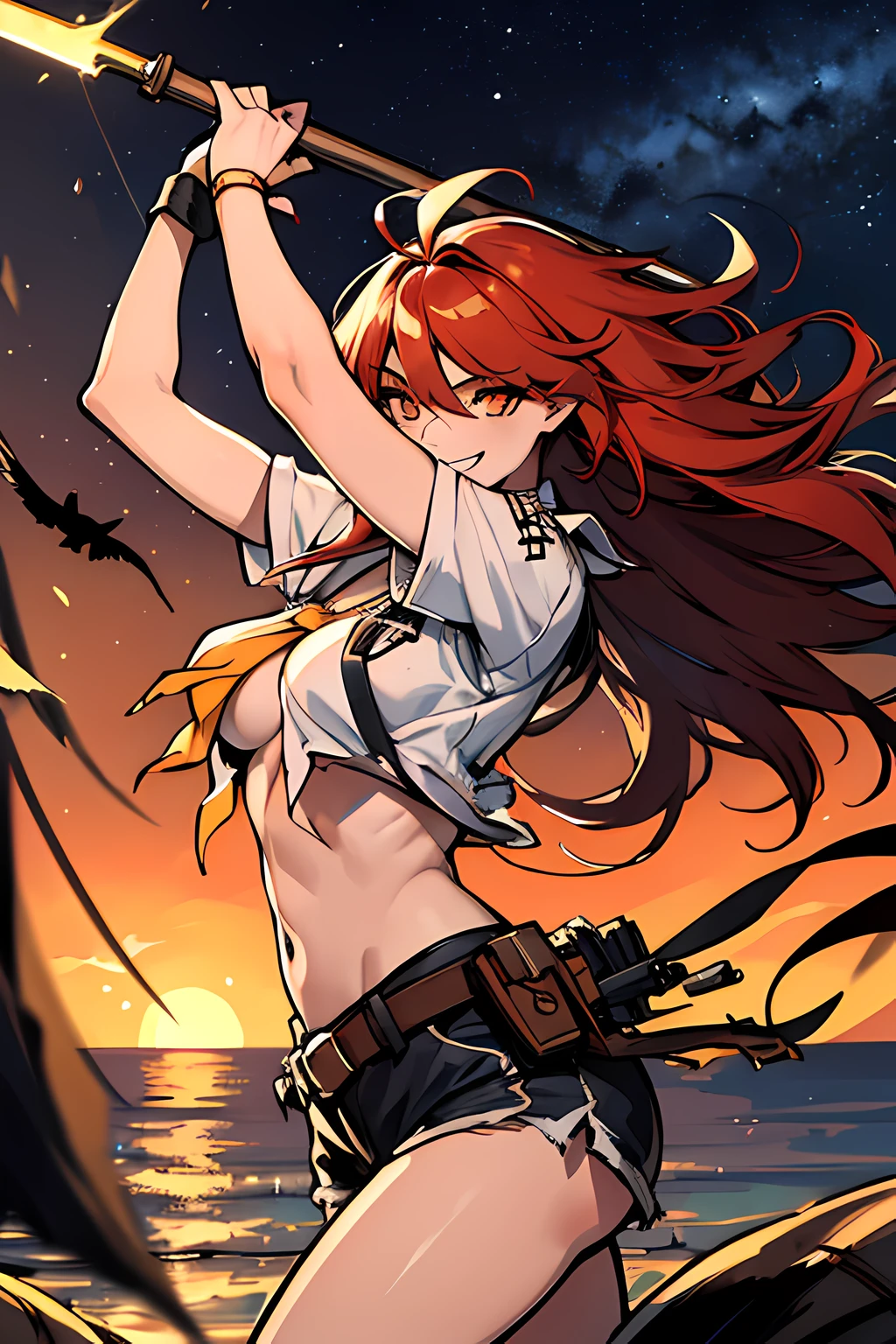(absurdres, 8k, 4k, masterpiece, hyper extreme detailed:1.2), solo, 1girl, side view portrait, best quality, expressive eyes, perfect face, 1girl, portrait, solo, Female, female, adult, red hair, orange gradients, wavy hair, hair covering left eye, long hair, adventurous, cool, confident, incredible, explorer, shorts, suave, charismatic, wild hair, messy hair, moving hair, harpoon, night time, ripped clothing, laughing, cowboy shot, half body, perfect anatomy, hand brushing through hair, Shakespearean, actor, theatrical, smile, happy, brilliant, free, freedos outstretched, flowing hair, windy hair, wind, fearless, adventure, torn shirt, torn tan shirt, cutlass, pirate, pirate flag, messy, rugged, birds, golden eyes, hand above eyes, torn clothing, fighting, combat pose, weapon, starry night sky, stars, night, sea, ocean, raft, fighting, giant squid, leviathan, back view,