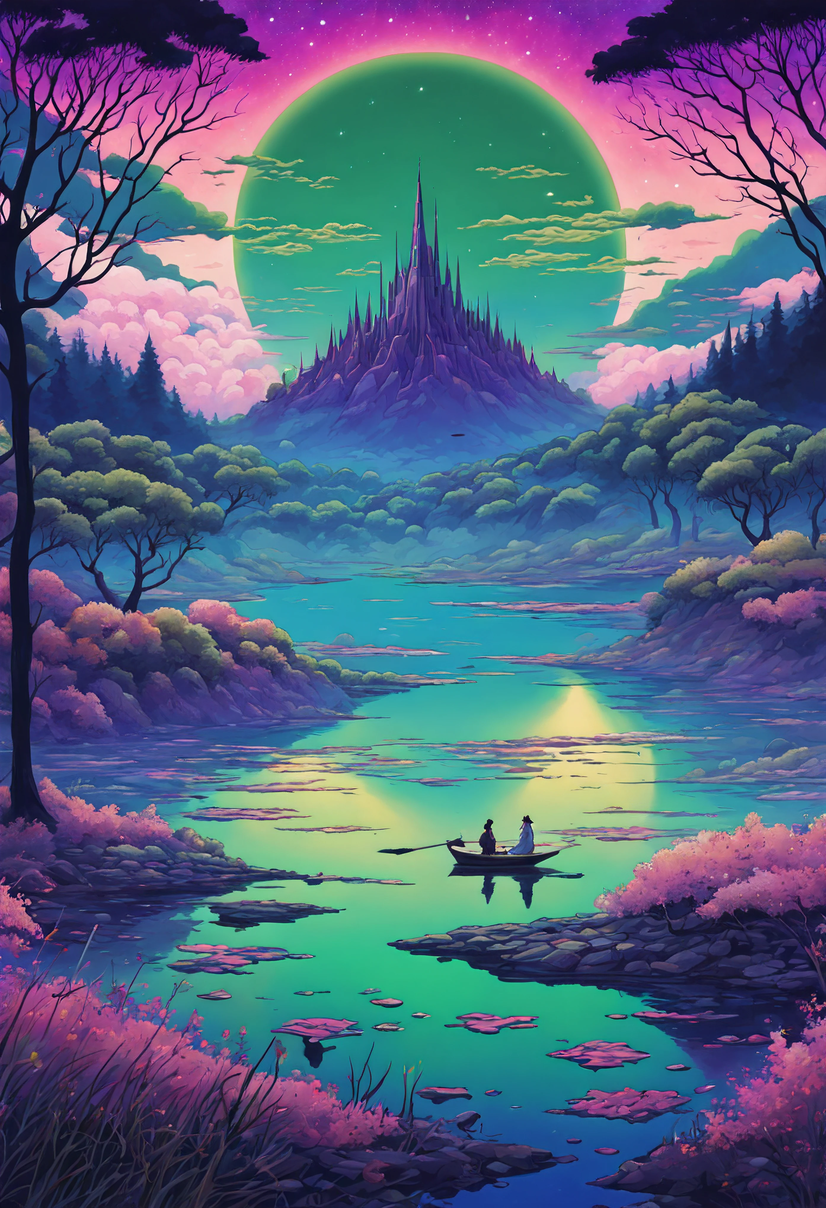 halloween theme, Beautiful majestic river landscape, nebula and starlit sky, Mind expanding, Optical art, Art nouveau, Psychedelic art, kaleidoscopic, Bright, Green, Pink, Purple, orange and Yellow, golden ratio, fake detail, trending pixiv fanbox, acrylic palette knife, style of makoto shinkai studio ghibli genshin impact james gilleard greg rutkowski chiho aoshima