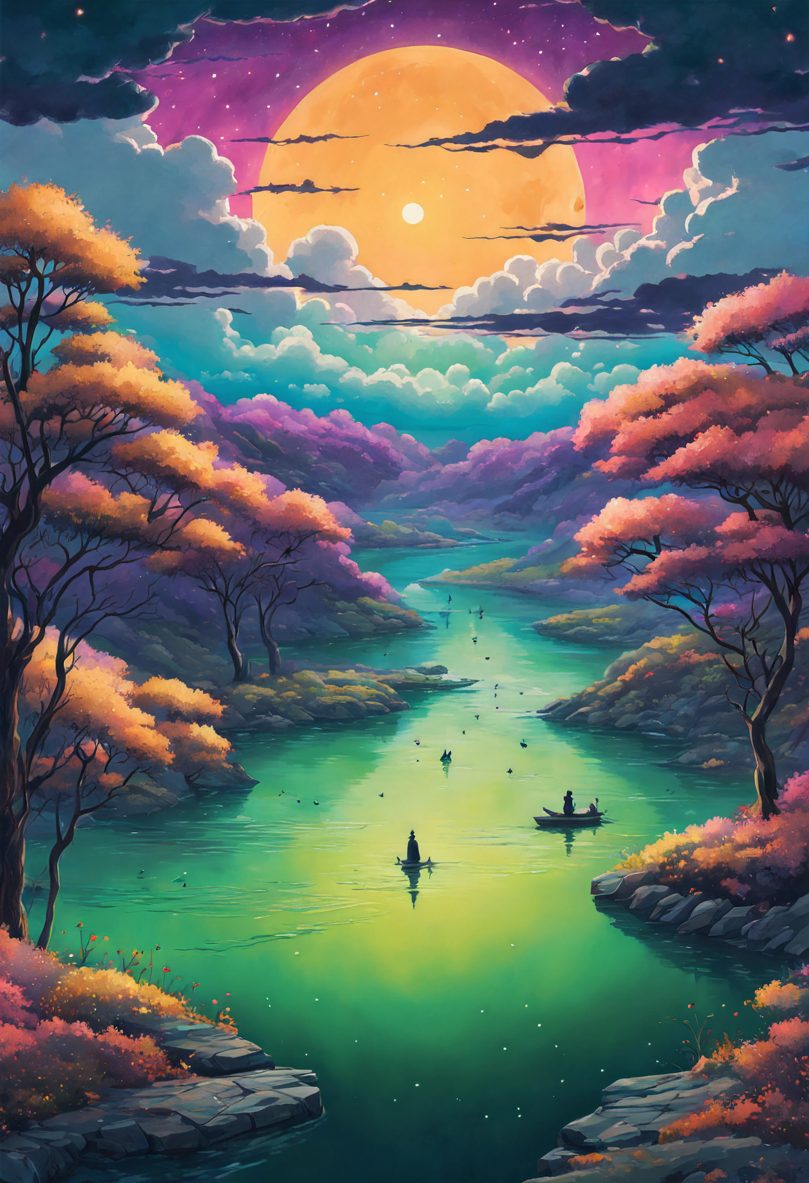 halloween theme, Beautiful majestic river landscape, nebula and starlit sky, Mind expanding, Optical art, Art nouveau, Psychedelic art, kaleidoscopic, Bright, Green, Pink, Purple, orange and Yellow, golden ratio, fake detail, trending pixiv fanbox, acrylic palette knife, style of makoto shinkai studio ghibli genshin impact james gilleard greg rutkowski chiho aoshima