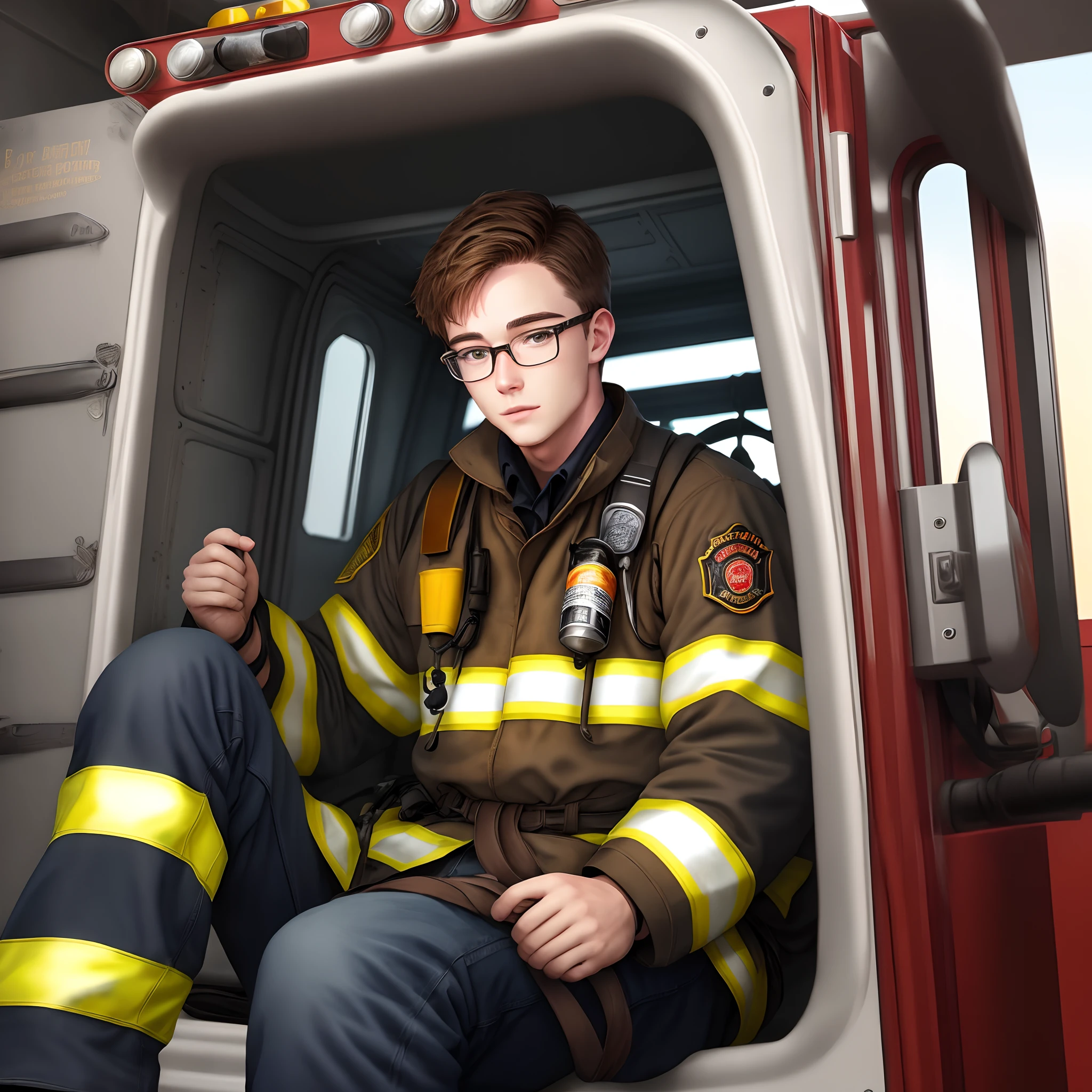 Firefighter, white skin, brown hair, male, wearing prescription glasses, wearing bunker gear, sitting in fire truck