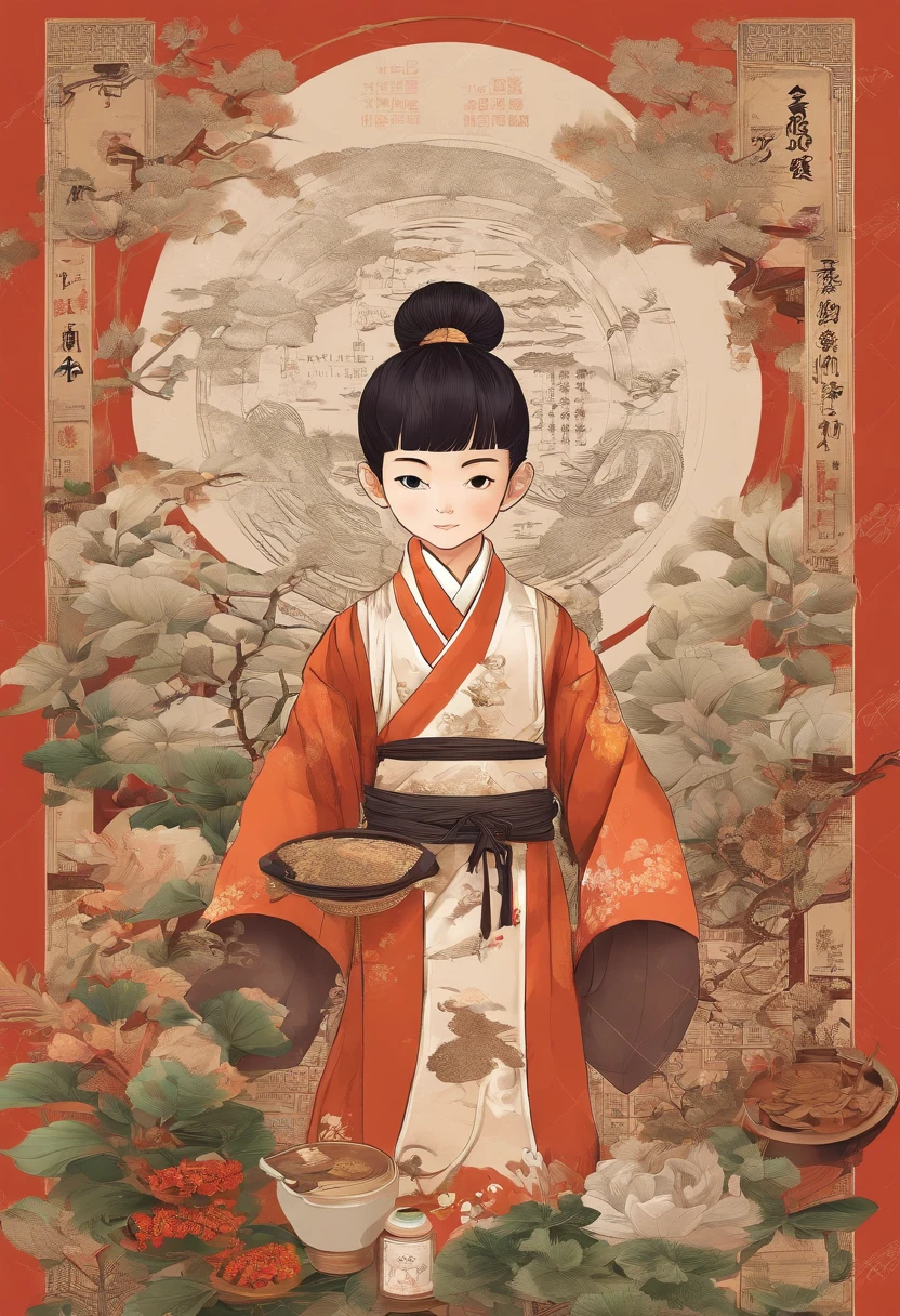 A 6-year-old boy wearing Hanfu learns Chinese medicine culture，It is surrounded by various herbs, Embodies Chinese medical culture.