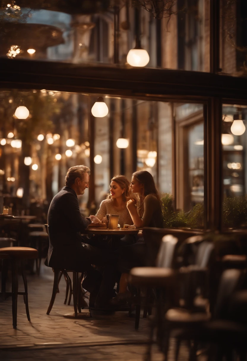 Landscape of a father"A beautifully detailed portrayal of a pretty girl with radiant skin and soft, wavy hair, speaking with an elegantly dressed man whose features exude a calm confidence. Their eyes meet with a blend of curiosity and mutual respect. Photorealistic Image, Set in a quaint European café with ambient street noise in the background and the aroma of freshly brewed coffee permeating the air. No Art Inspiration, Nikon Z7 II, Medium shot, NIKKOR Z 50mm f/1.2 S, Golden ratio, 8K UHD, Ambient light filtering through the café's front windows, casting a warm glow on their skin, (((hyper detailed))), Natural lighting augmented by soft indoor bulbs, Octane render."
