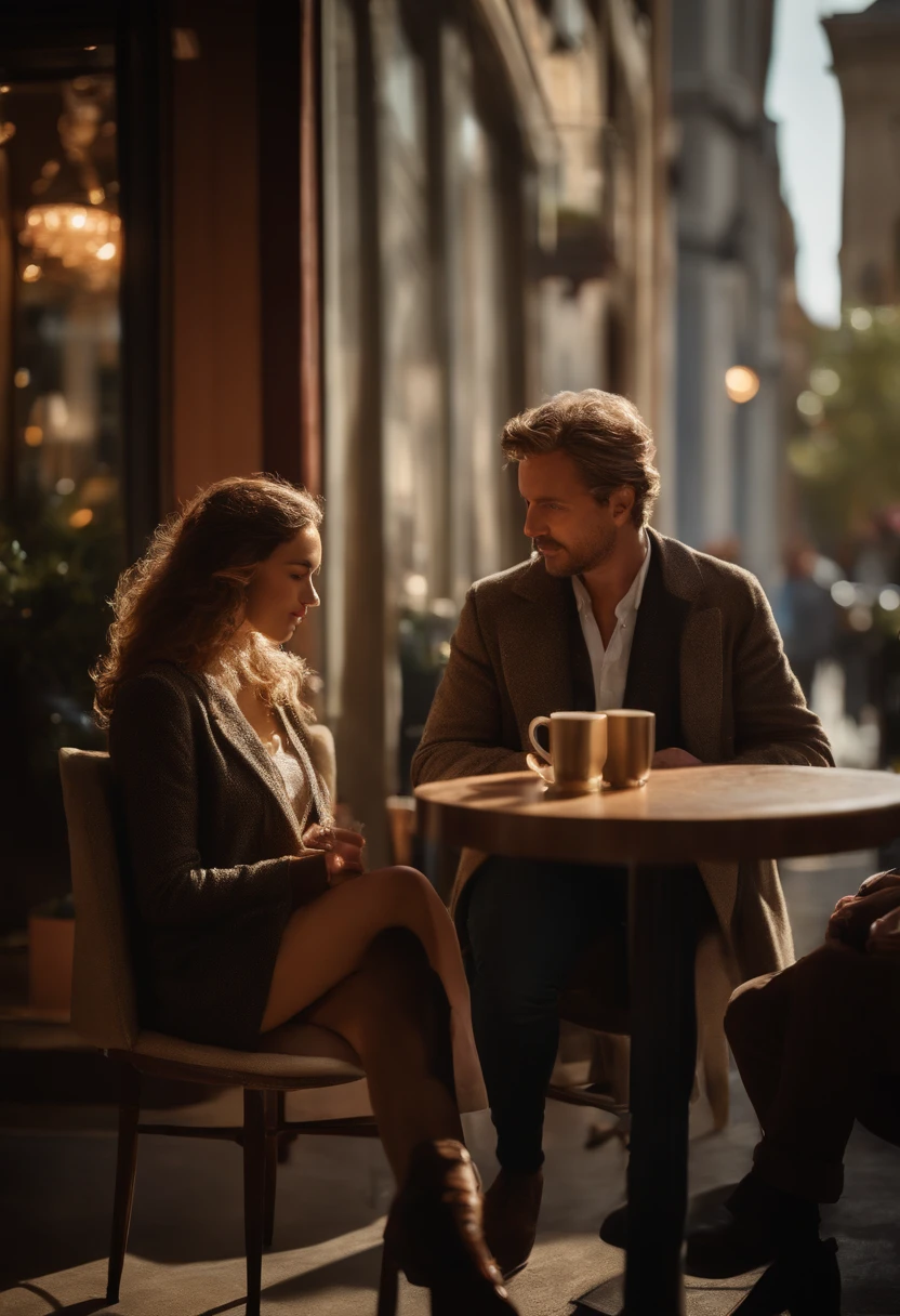 Landscape of a father"A beautifully detailed portrayal of a pretty girl with radiant skin and soft, wavy hair, speaking with an elegantly dressed man whose features exude a calm confidence. Their eyes meet with a blend of curiosity and mutual respect. Photorealistic Image, Set in a quaint European café with ambient street noise in the background and the aroma of freshly brewed coffee permeating the air. No Art Inspiration, Nikon Z7 II, Medium shot, NIKKOR Z 50mm f/1.2 S, Golden ratio, 8K UHD, Ambient light filtering through the café's front windows, casting a warm glow on their skin, (((hyper detailed))), Natural lighting augmented by soft indoor bulbs, Octane render."