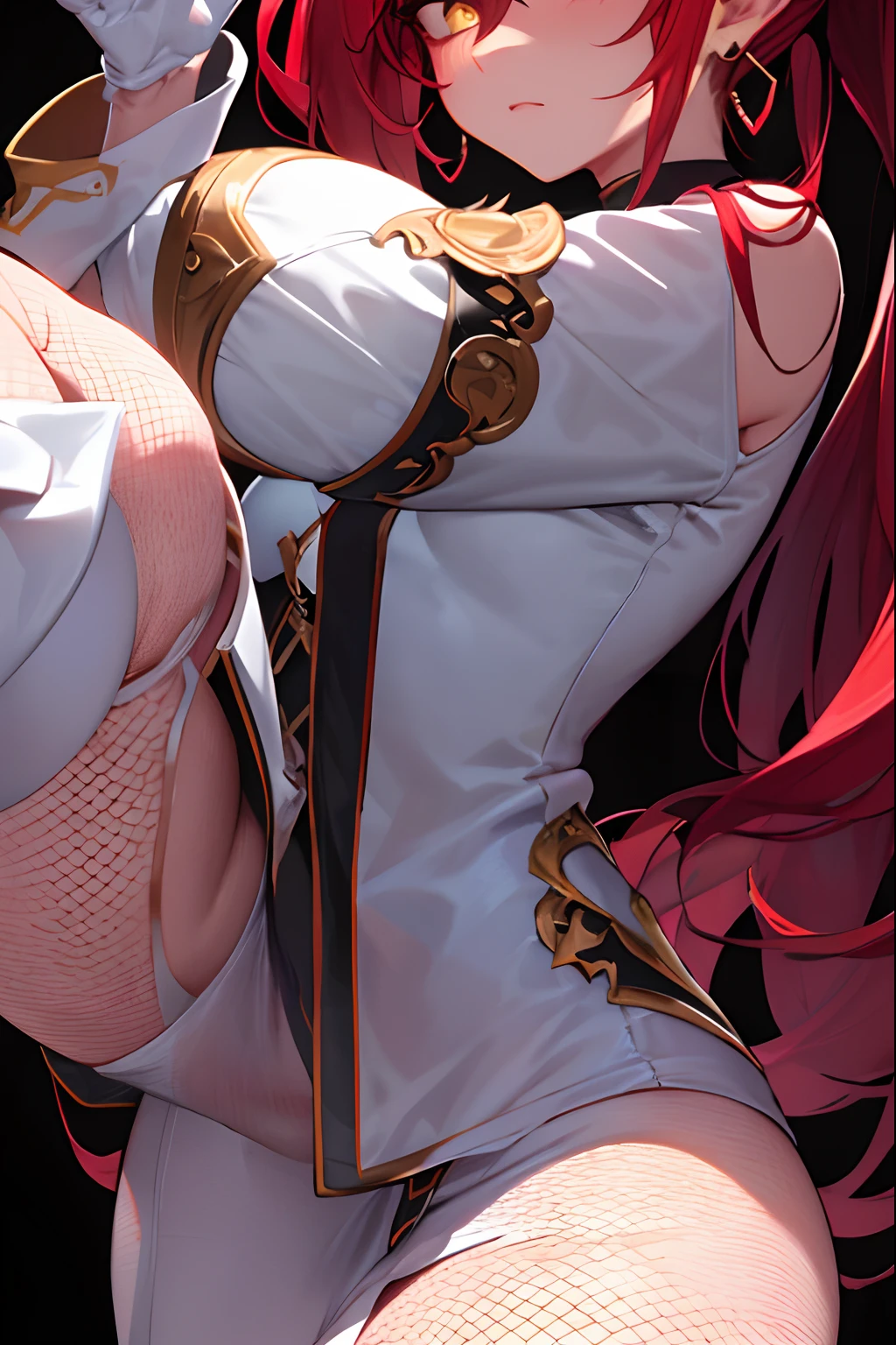 ((masterpiece)), ((best quality)), 1girl, long hair, big bust, ((red hair)), very long red hair, yellow eyes, transparent clothes, ((white clothes)), ((middle hair ponytail)), exposed skin, ligerie, ((sexy pose)), white clothes, ((intimidant look)), without pants, fishnet stockings, jewels, ruby earrings, good anatomy, red gloves, boots, heels, evil, emotionless, intimidant, bloody, ((beautiful eyes)), dark background, close up, ((detailed eyes)), beautiful eyes, hair bang, frontal look