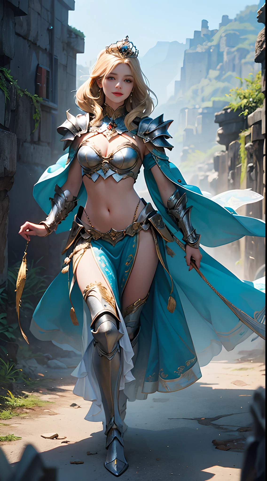 Blonde haired woman with braids, (Armadura nordica decotada dourada). Bright chrome gold armor with sharp reflections. Pedras preciosas. ombros nus. (tiara). Low muscle definition. Pernas lindas. Ombros nus visiveis. Detailed lighting. artistic work. Beleza extrema. Roupa com efeito de gradiente colorido intenso. Professional image with high saturation. Camera profissional. illustration. cores vibrantes. olhos amarelos vibrantes, magra, capa de pelo, olhos dourados brilhantes, simetria, olhar intenso, detalhes pretos nas roupas, aura dourada, full body shot, castle background, smile, (Random pose), (random angles), (Best quality, A high resolution, Photorealistic, primitive, 8K,Masterpiece, ),Best quality, Masterpiec8K.hdr. High ribs:1.2, filmgrain, Blur bokeh:1.2, Lens flare, (vivd colour:1.2), (Delicate),