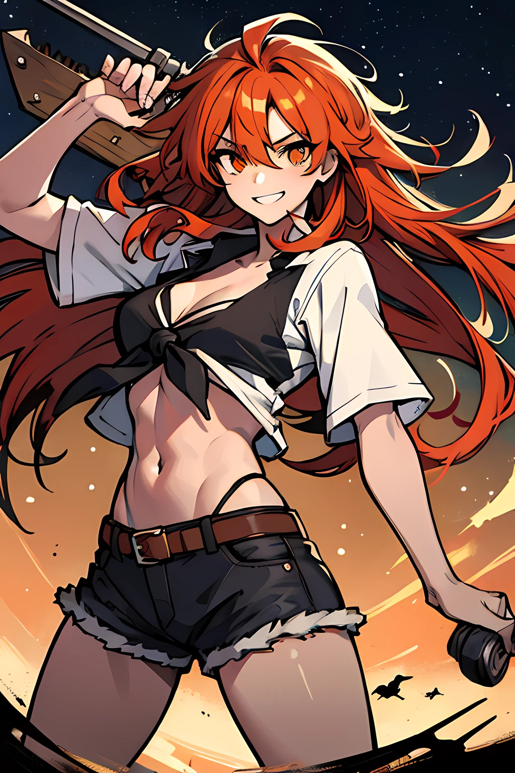 (absurdres, 8k, 4k, masterpiece, hyper extreme detailed:1.2), solo, 1girl, side view portrait, best quality, expressive eyes, perfect face, 1girl, portrait, solo, Female, mature female, adult, red hair, orange gradients, wavy hair, hair covering left eye, long hair, adventurous, cool, confident, incredible, explorer, shorts, suave, charismatic, wild hair, messy hair, moving hair, harpoon, night time, ripped clothing, laughing, cowboy shot, half body, perfect anatomy, hand brushing through hair, Shakespearean, actor, theatrical, smile, happy, brilliant, free, freedom, hands outstretched, flowing hair, windy hair, wind, fearless, adventure, torn shirt, torn tan shirt, cutlass, pirate, pirate flag, messy, rugged, birds, golden eyes, hand above eyes, torn clothing, fighting, combat pose, weapon, starry night sky, stars, night, sea, ocean, raft, fighting, giant squid, leviathan, back view,