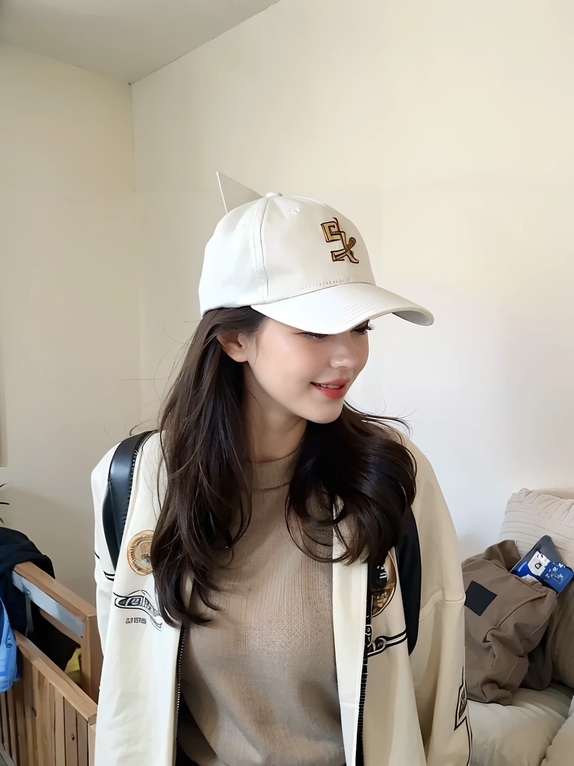 ((Best picture quality, 8K, tmasterpiece: 1.3)), perfect compositions,ulzzangs,Natural light lighting, A cute beauty with a perfect figure: 1.4, Slim big breasts, ((with short brown hair)) , (Upper body portrait,Highly detailed face,smiling expression,)white backgrounid,Sweaters, 18 years old cute
