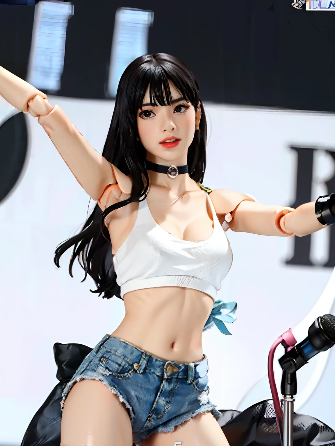1girl, action figure, Figma, doll, dancing and singing pose, holding a microphone, wearing daisy duke, white tanktop, black choker,