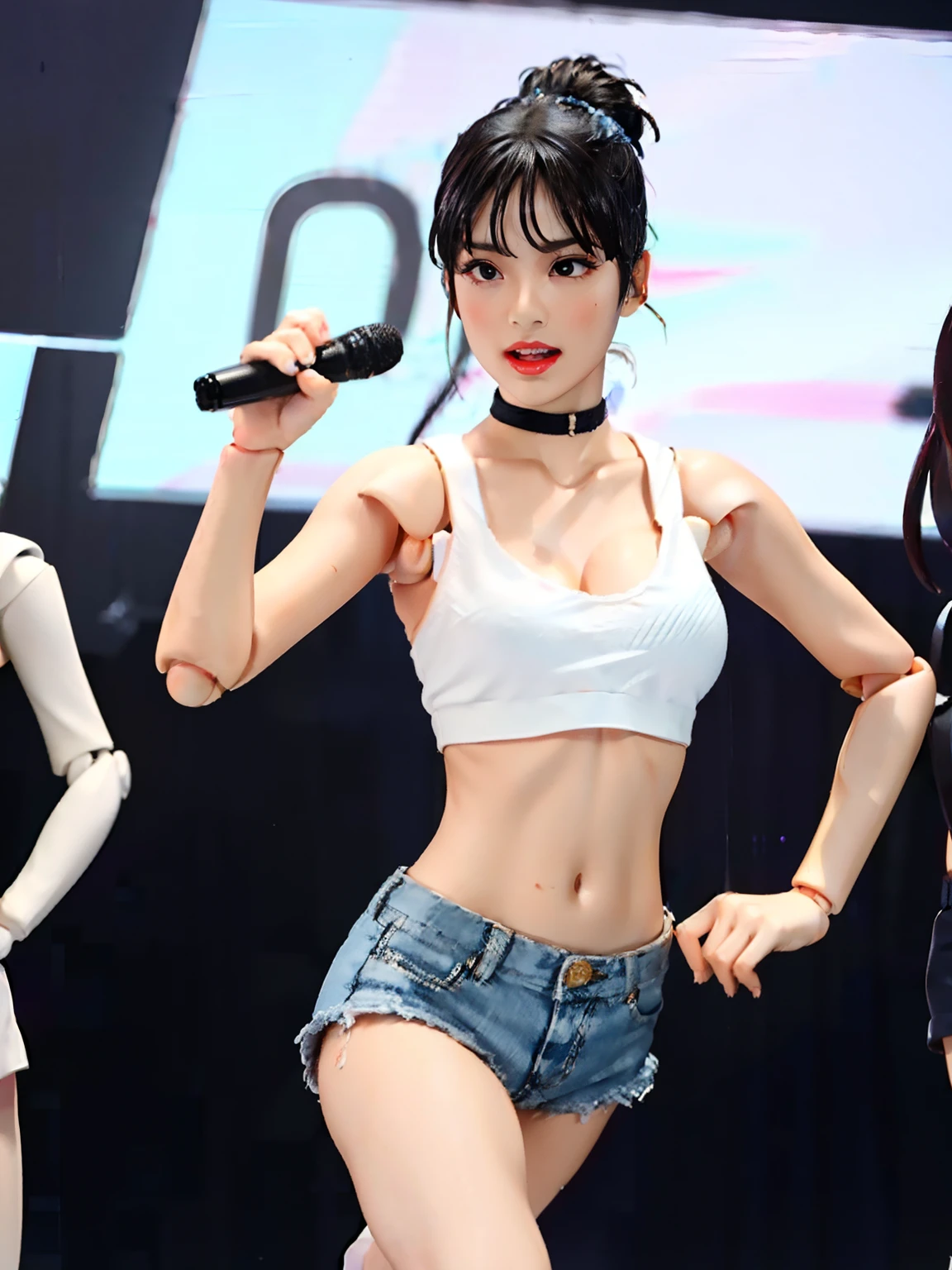 1girl, action figure, Figma, doll, dancing and singing pose, holding a microphone, wearing daisy duke, white tanktop, black choker,