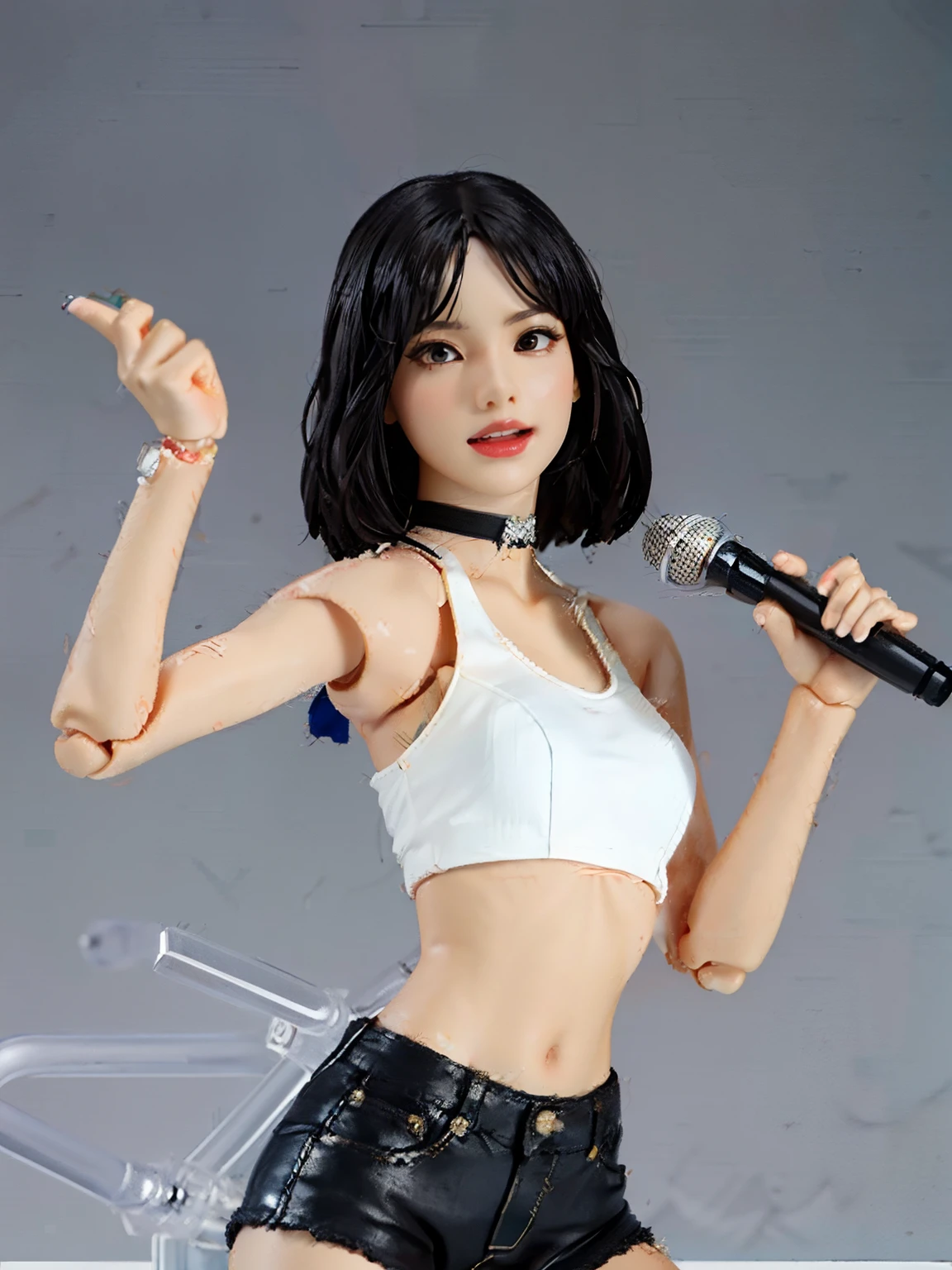 1girl, action figure, Figma, doll, dancing and singing pose, holding a microphone, wearing daisy duke, white tanktop, black choker,