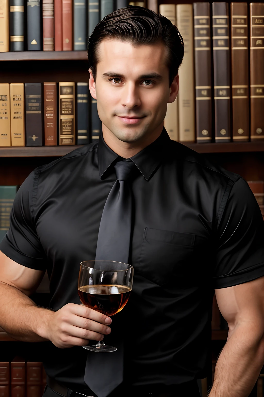 RAW photo, mid-shot of a 30-year-old muscular man, medium-length sidecuts dark hair, in a black shirt with a tie, holding a whiskey glass against the backdrop of a classic library or office. Relaxed yet confident expression, warm lighting highlighting facial features, background softly blurred to emphasize subject. Color photo.
